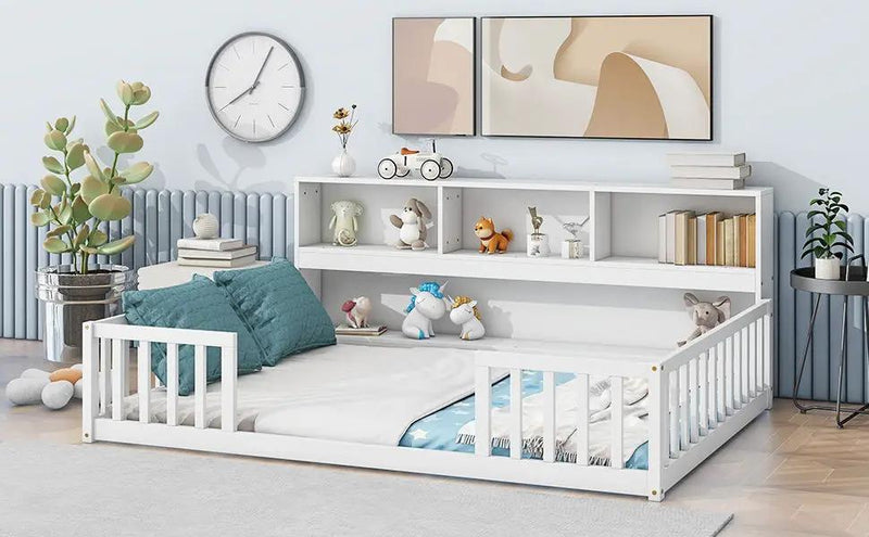 Floor Bed With Side Bookcase, Shelves, Guardrails by HouseOfZazla