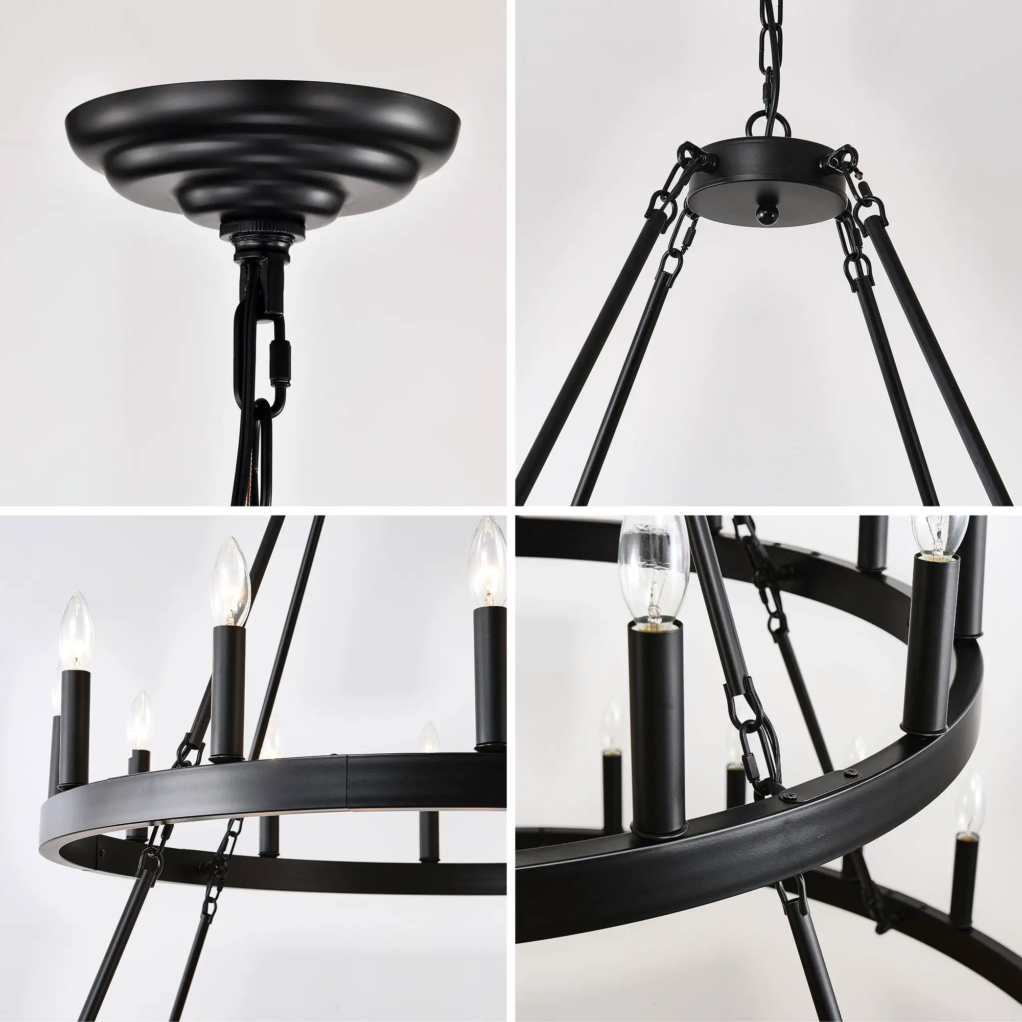 2 Tiers Wagon Wheel Chandelier Wooden Farmhouse 36 Light (24 / 12) Or (12 / 24) Metal Chandeliers 2 Story Light Fixtures Industrial For High Ceiling Living Dining Room Foyer, Adjustable Height - Black by HouseOfZazla
