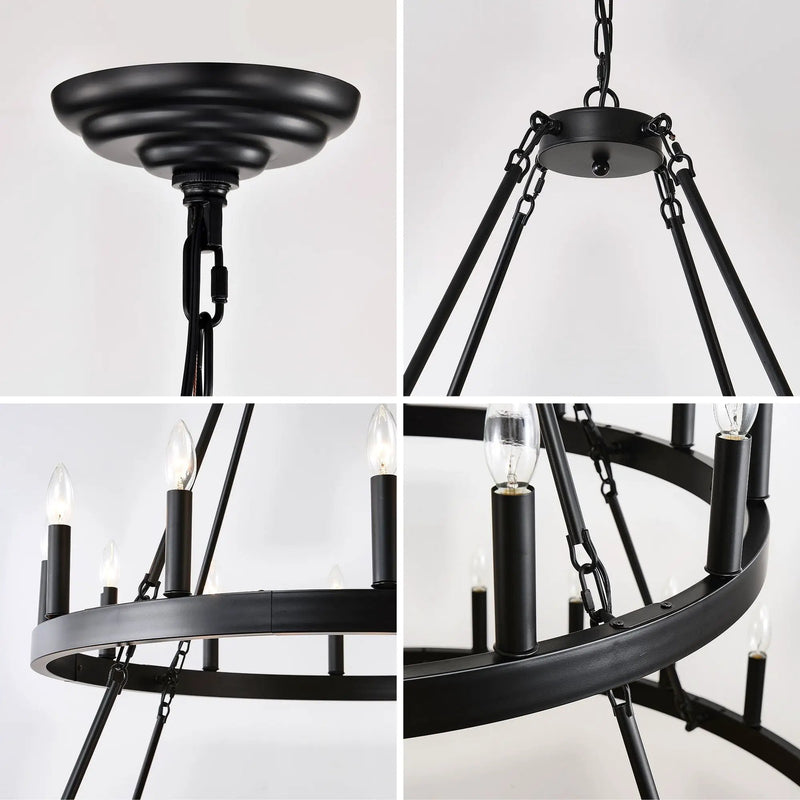 2 Tiers Wagon Wheel Chandelier Wooden Farmhouse 36 Light (24 / 12) Or (12 / 24) Metal Chandeliers 2 Story Light Fixtures Industrial For High Ceiling Living Dining Room Foyer, Adjustable Height - Black by HouseOfZazla