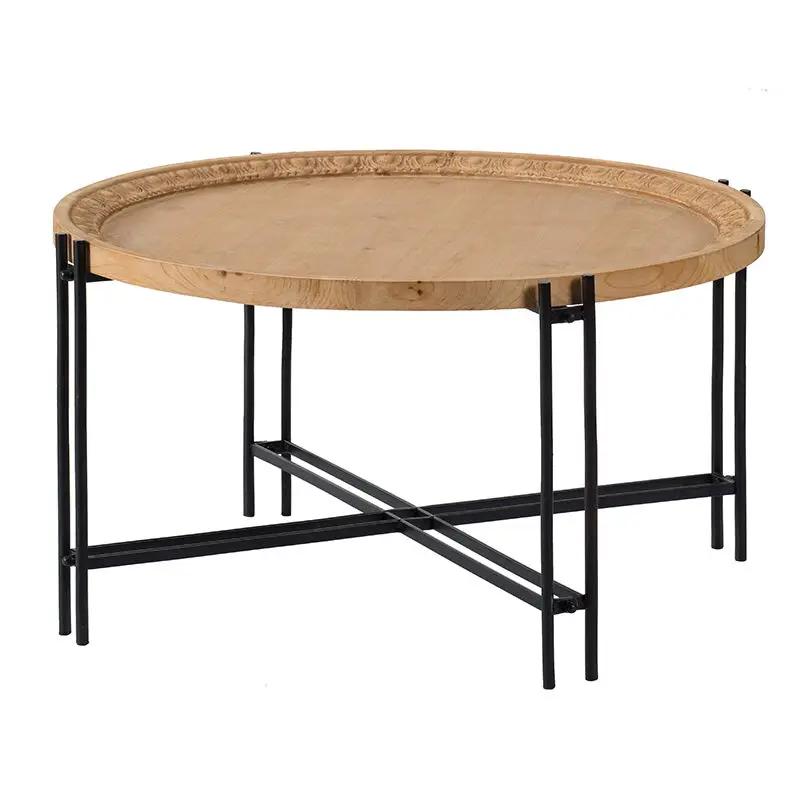 Farmhouse Round Wooden Round Coffee Table With Metal Legs - Black / Brown by HouseOfZazla