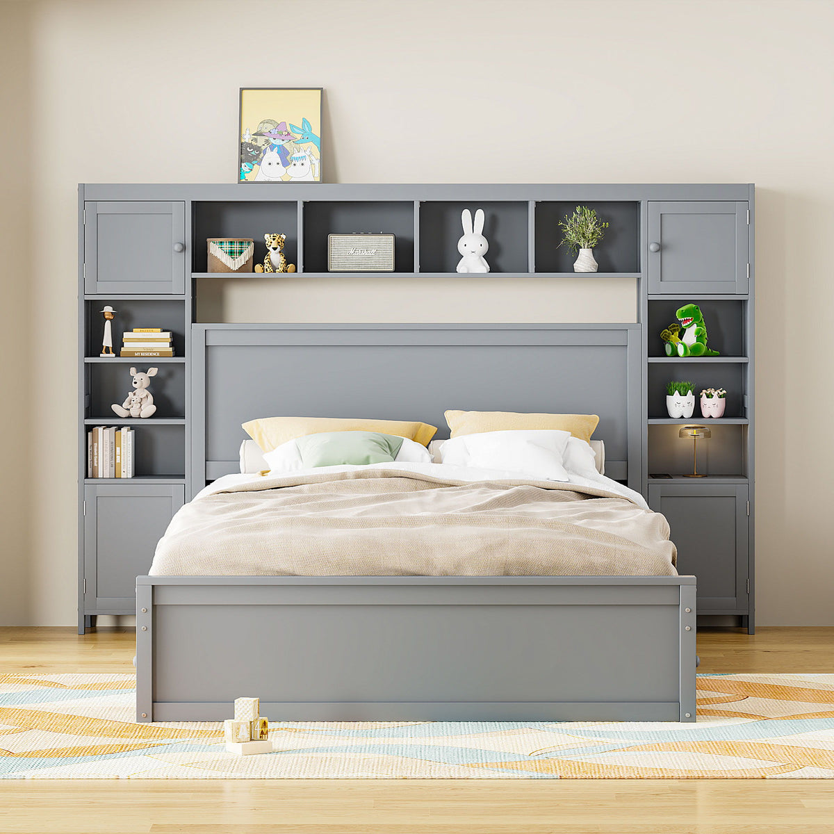 Queen Cabinet Bed with Shelves and Built-in Sockets - Dark Brown, White or Dark Gray, photo 8 of 12