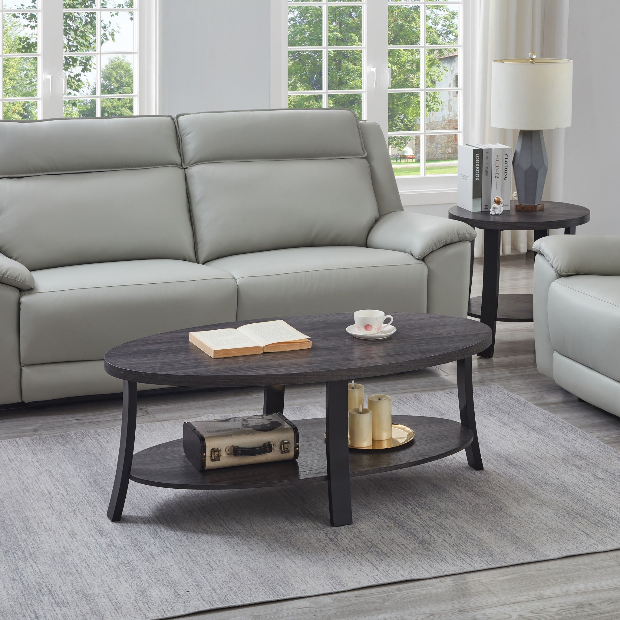 Anze - 3 Piece Coffee Table Set Contemporary Oval Wood Shelf - Charcoal by HouseOfZazla