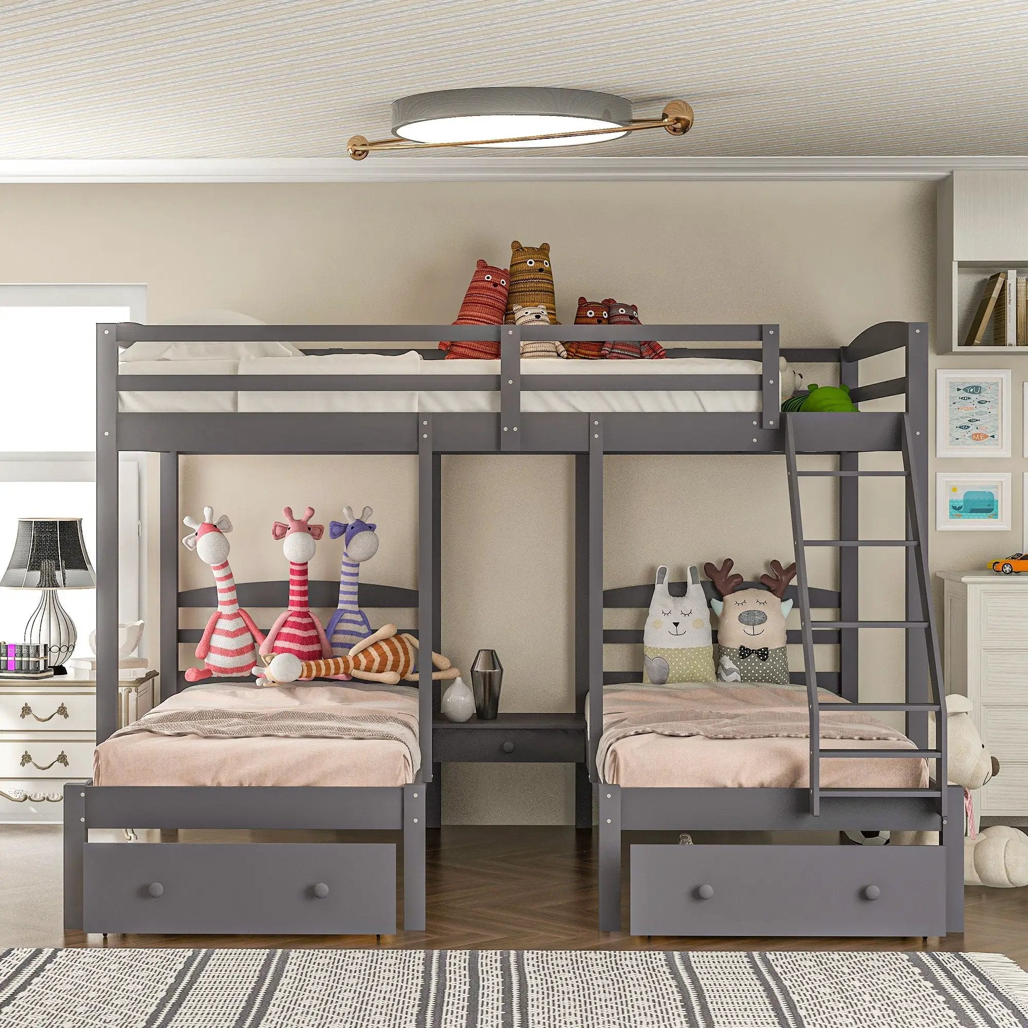 Full Over Twin & Twin Bunk Bed, Triple Bunk Bed With Drawers - Gray by HouseOfZazla