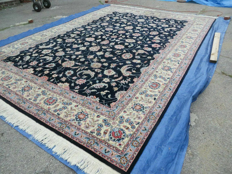 Large Indo Persian Rug 10x14, Wool Hand-Knotted Carpet, Navy Blue Ivory by Jewel Rugs