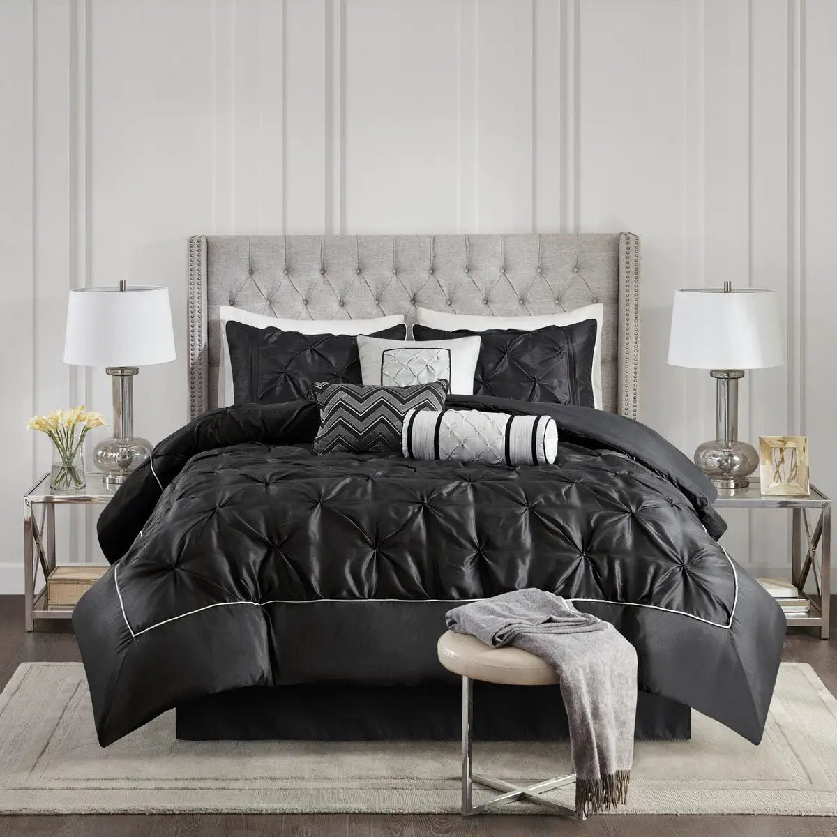 7 Piece Tufted Comforter Set Black Queen by HouseOfZazla