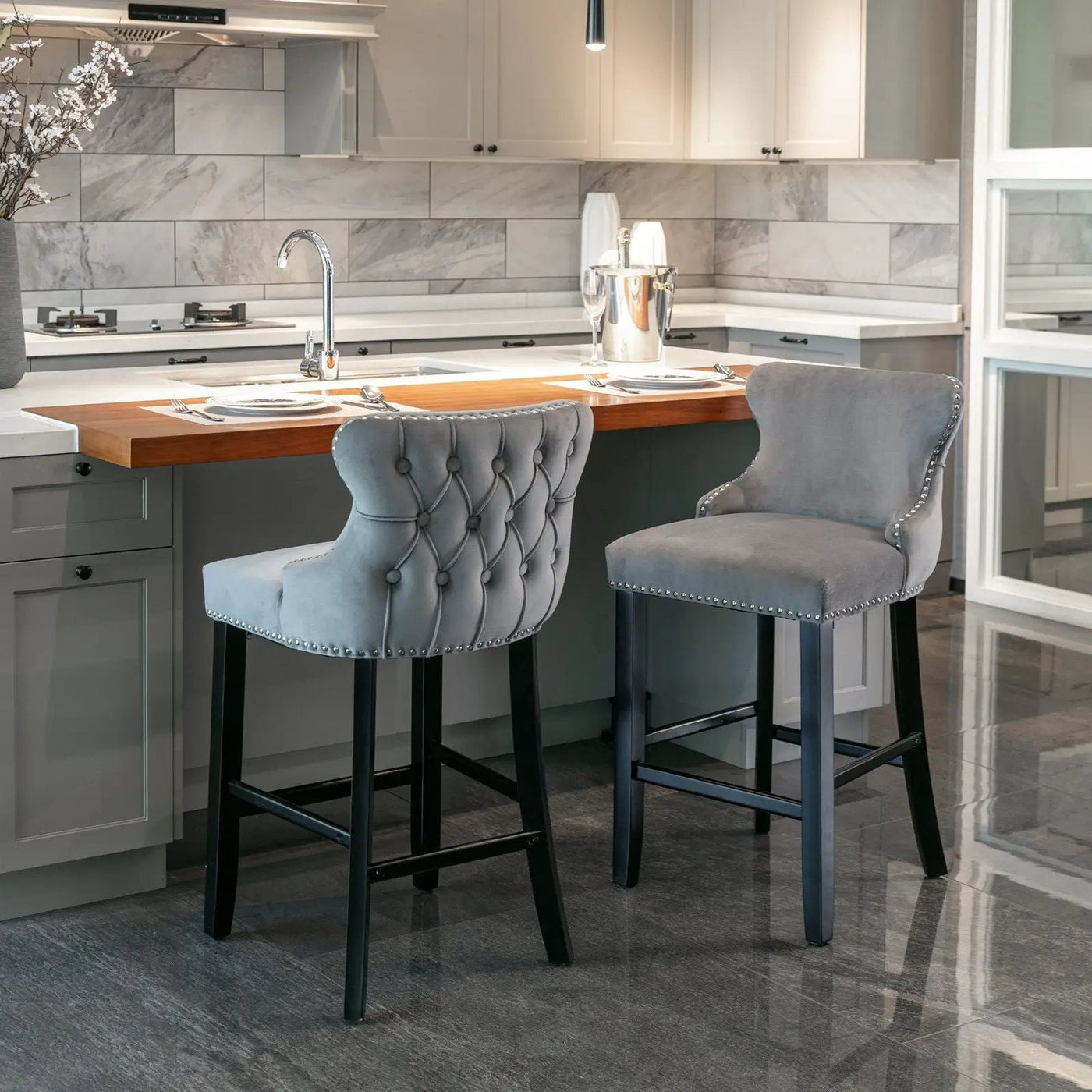 Contemporary Upholstered Wing-Back Barstools With Button Tufted Decoration And Wooden Legs, And Nailhead Trim, Leisure Style Bar Chairs, Bar Stools (Set of 2) by HouseOfZazla