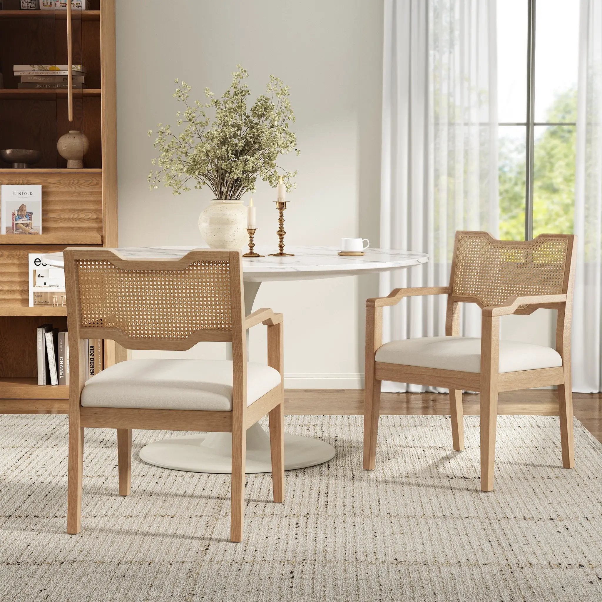 Farmhouse Dining Chairs Set of 2 with Upholstered Seats and Rattan Backrest by HouseOfZazla