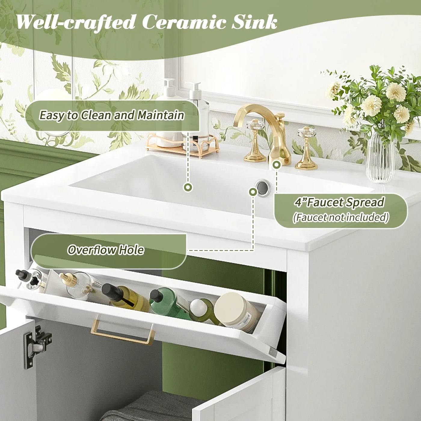 Modern Bathroom Vanity With Integrated Ceramic Sink, 2 Door Cabinet With Tip-Out Drawer by Unique Piece Furniture
