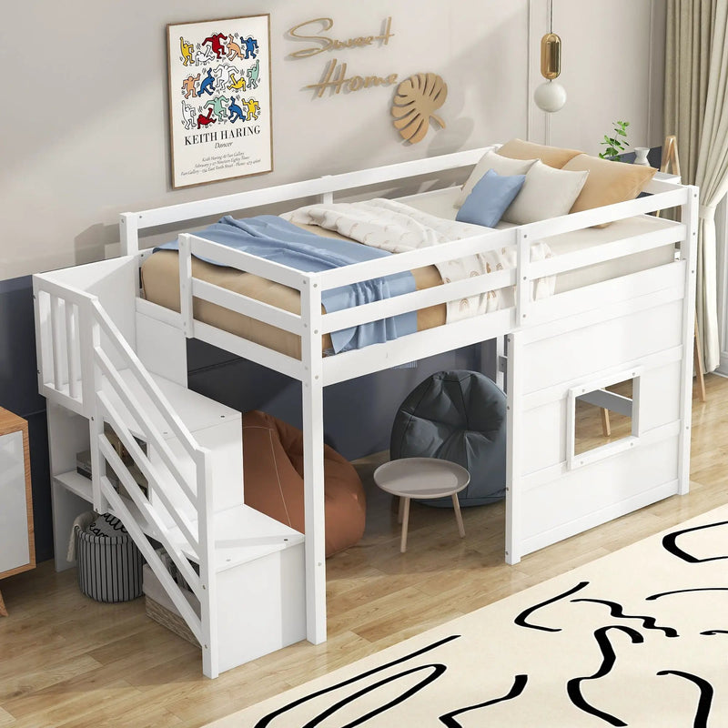 Loft Bed With Storage Staircase, Window & LED Light by Unique Piece Furniture