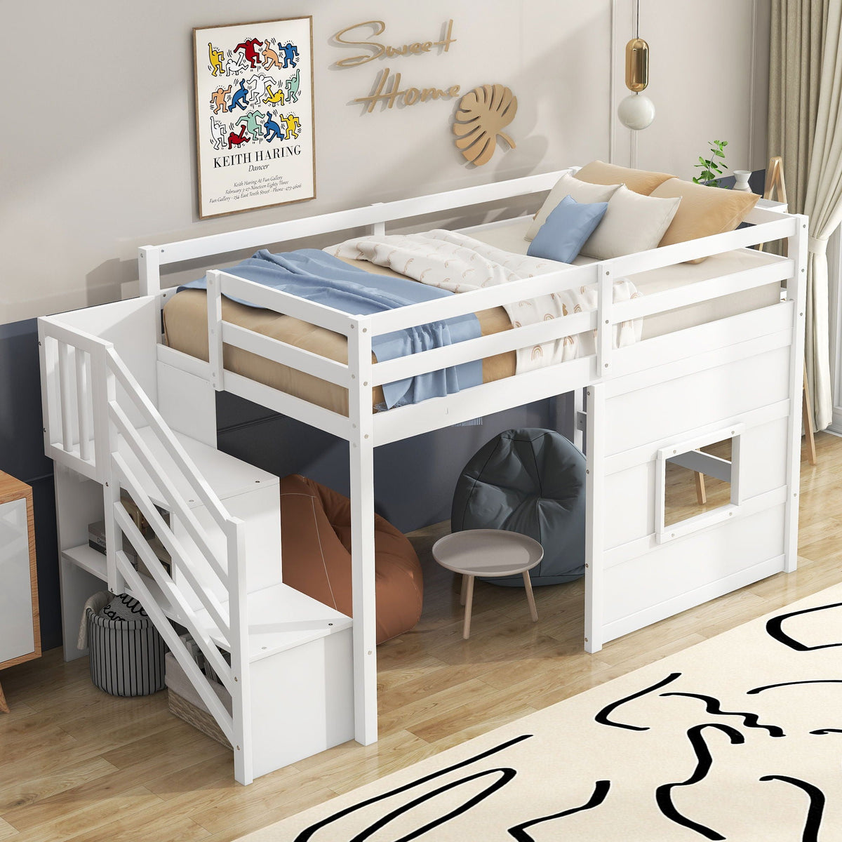 Twin Loft Bed with Storage Staircase, Window & LED Light - White or Dark Gray, photo 28 of 34