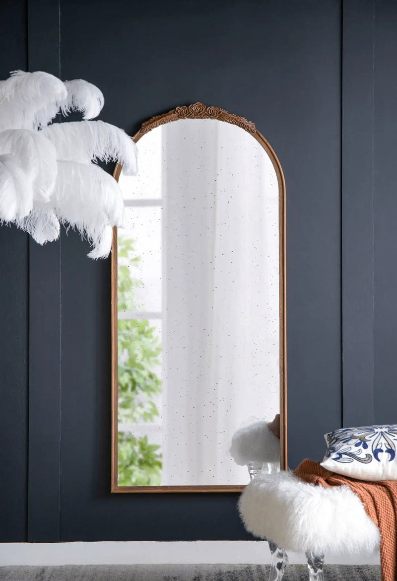 Hand Carved Rose Antique Mirror Frame, Large Arch Mirror Wall Decor For Living Room, Bathroom, Entryway - Brown by Unique Piece Furniture