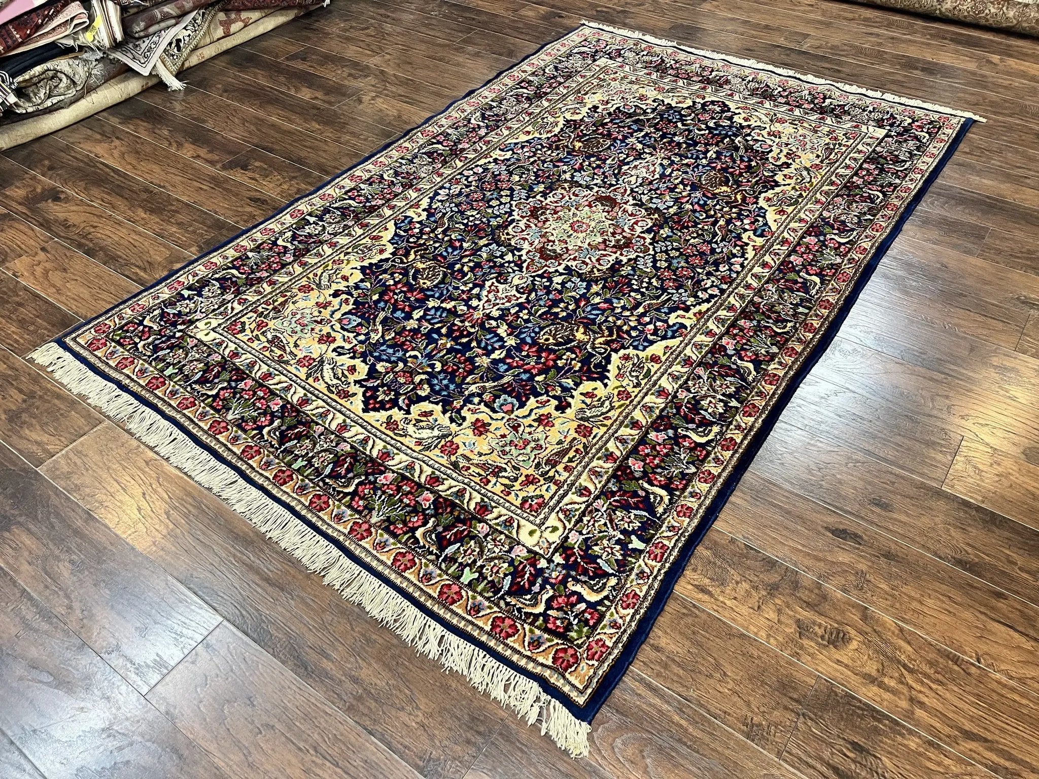 Persian Kirman Rug 6x9, Floral Medallion Vintage Wool Handmade Carpet 6 x 9, Animal Pictorials Birds, Semi Antique, Navy Blue, Millefleur by Jewel Rugs