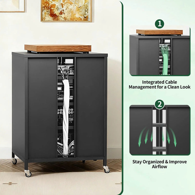 Media Storage Cabinet With Wheels, 4 Adjustable Glass Shelves & Door, Heavy-Duty - Black by HouseOfZazla