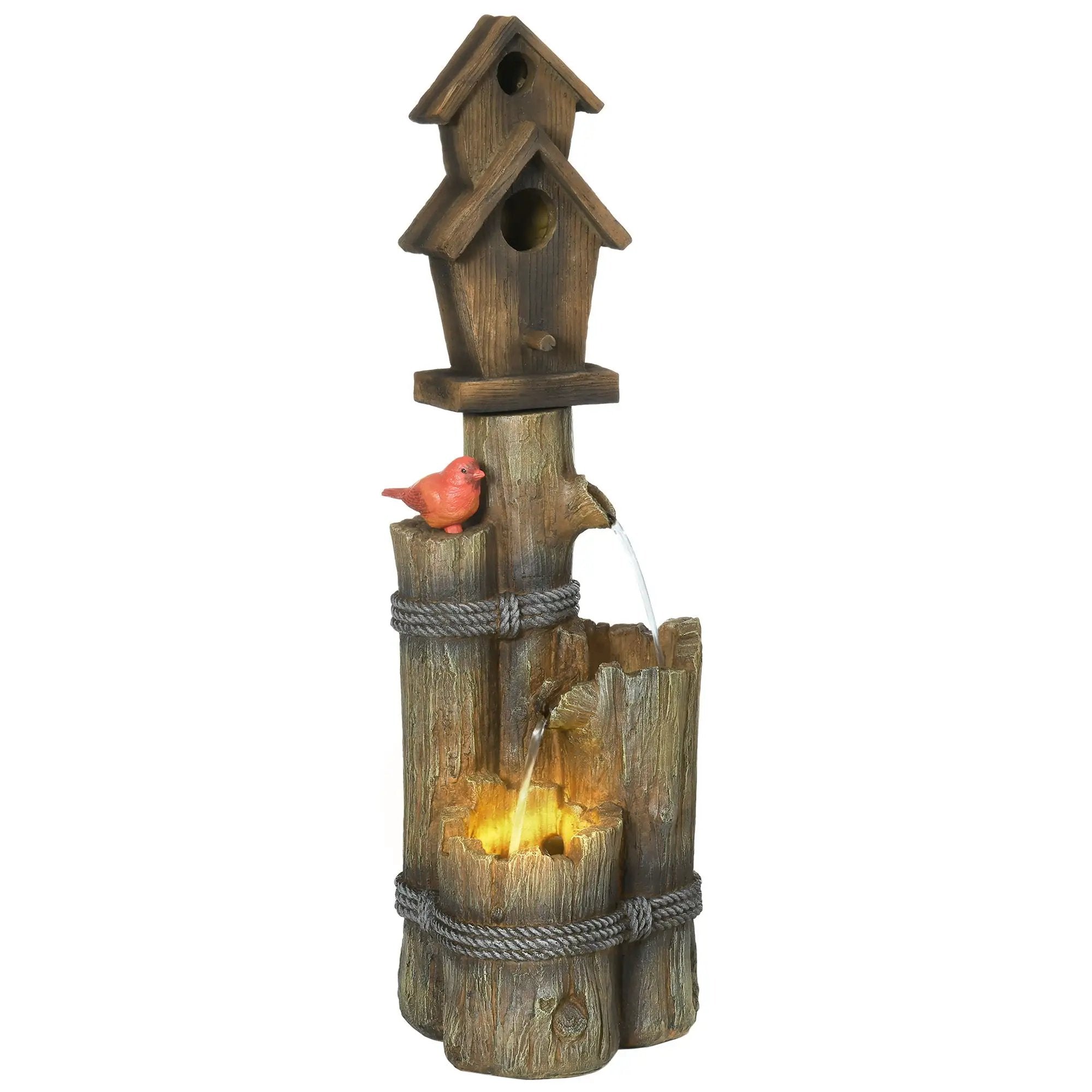 Outsunny - Outdoor Fountain With Birdhouse, Cascading Garden Waterfall Bird Bath With 3 Tier Rustic Tree Trunk / Log Design, LED Lights For Porch, Deck, Yard Decor - Brown by HouseOfZazla