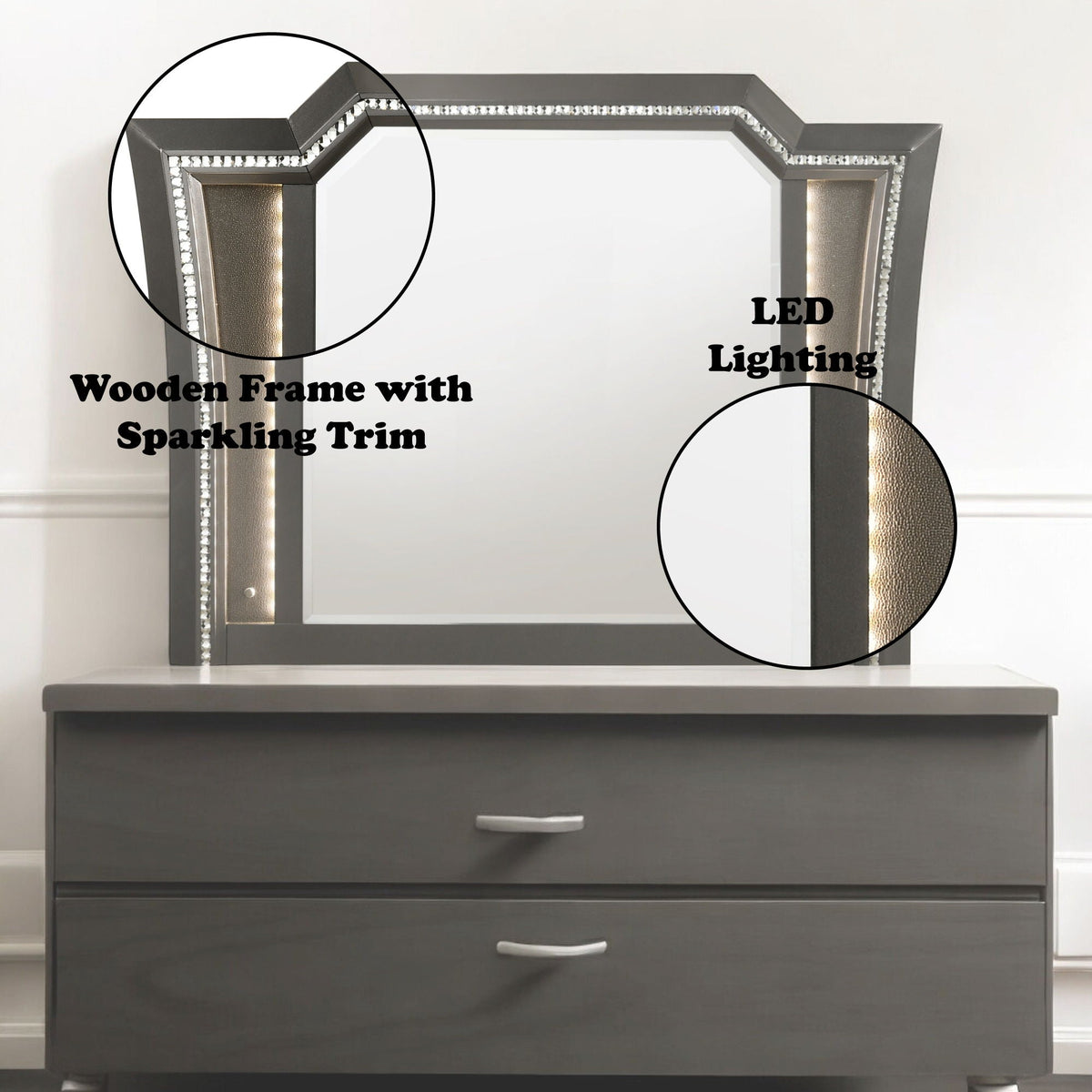 Arched LED Mirror with Beveled Edge and Sparkling Wooden Frame - Pearl Silver or Dark Gray, photo 10 of 10