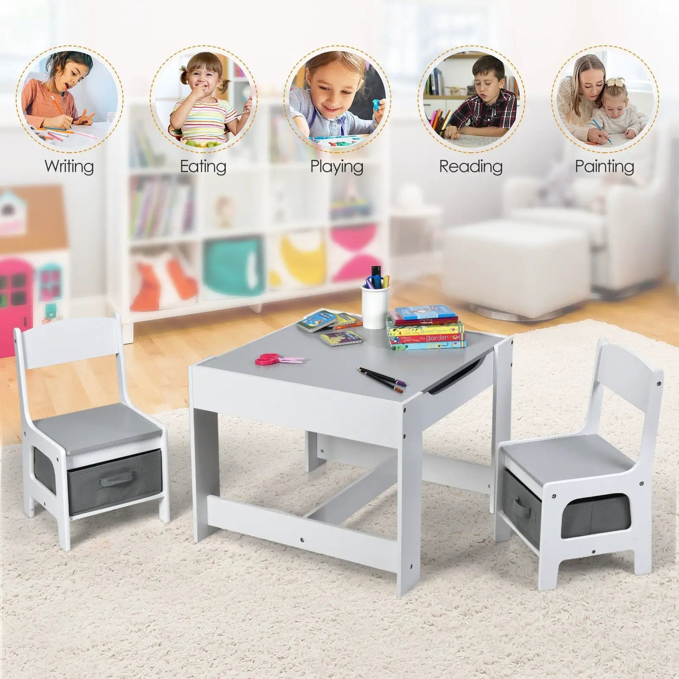 Kids Table Chairs Set With Storage Boxes Blackboard Whiteboard Drawing by DirectDeals