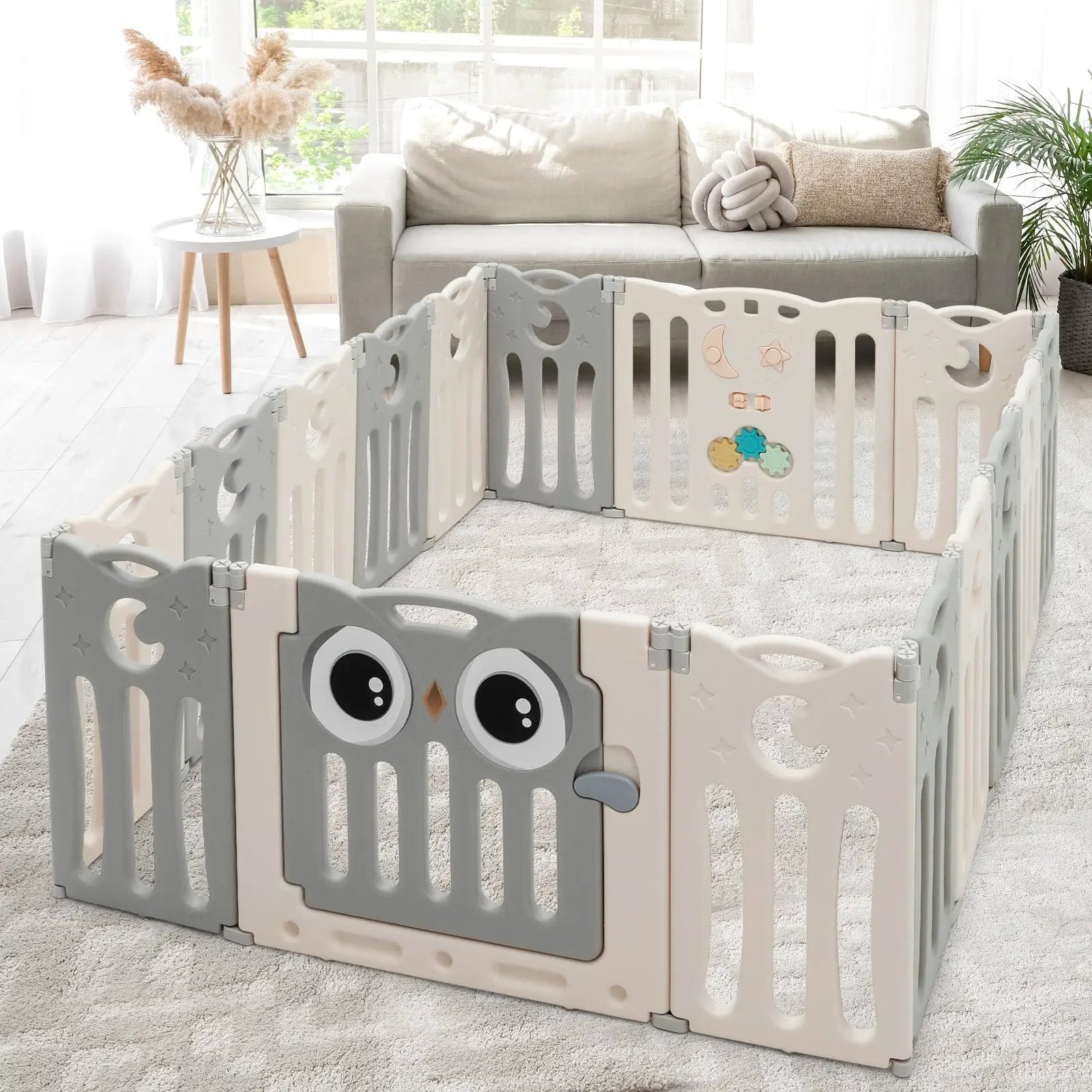 16-Panel Baby Activity Center Play Yard with Lock Door -Beige by DirectDeals
