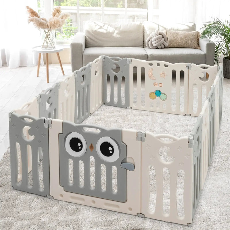 16-Panel Baby Activity Center Play Yard with Lock Door -Beige by DirectDeals