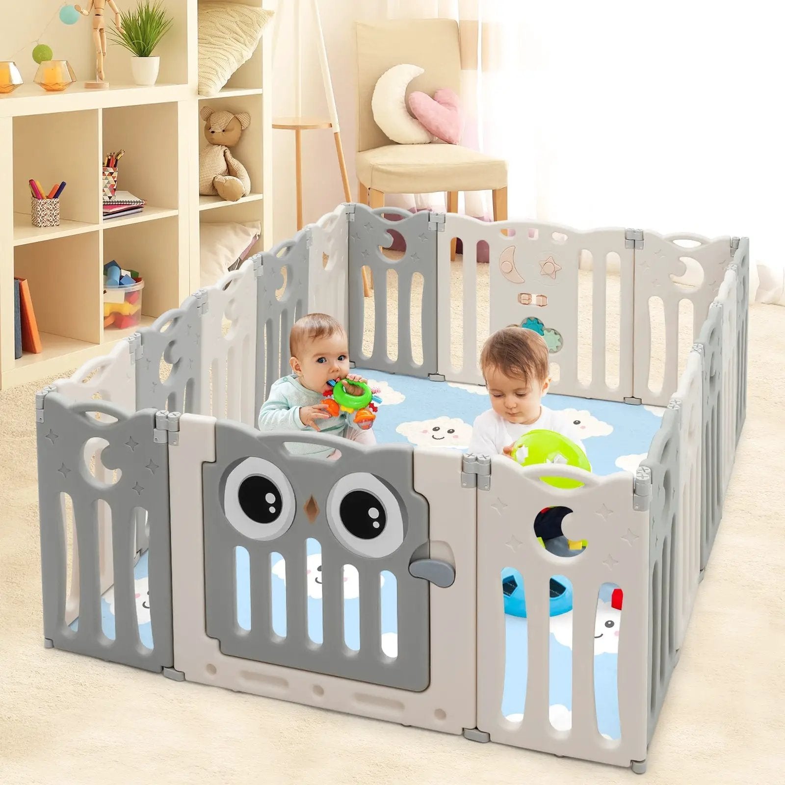 16-Panel Baby Activity Center Play Yard with Lock Door -Beige by DirectDeals
