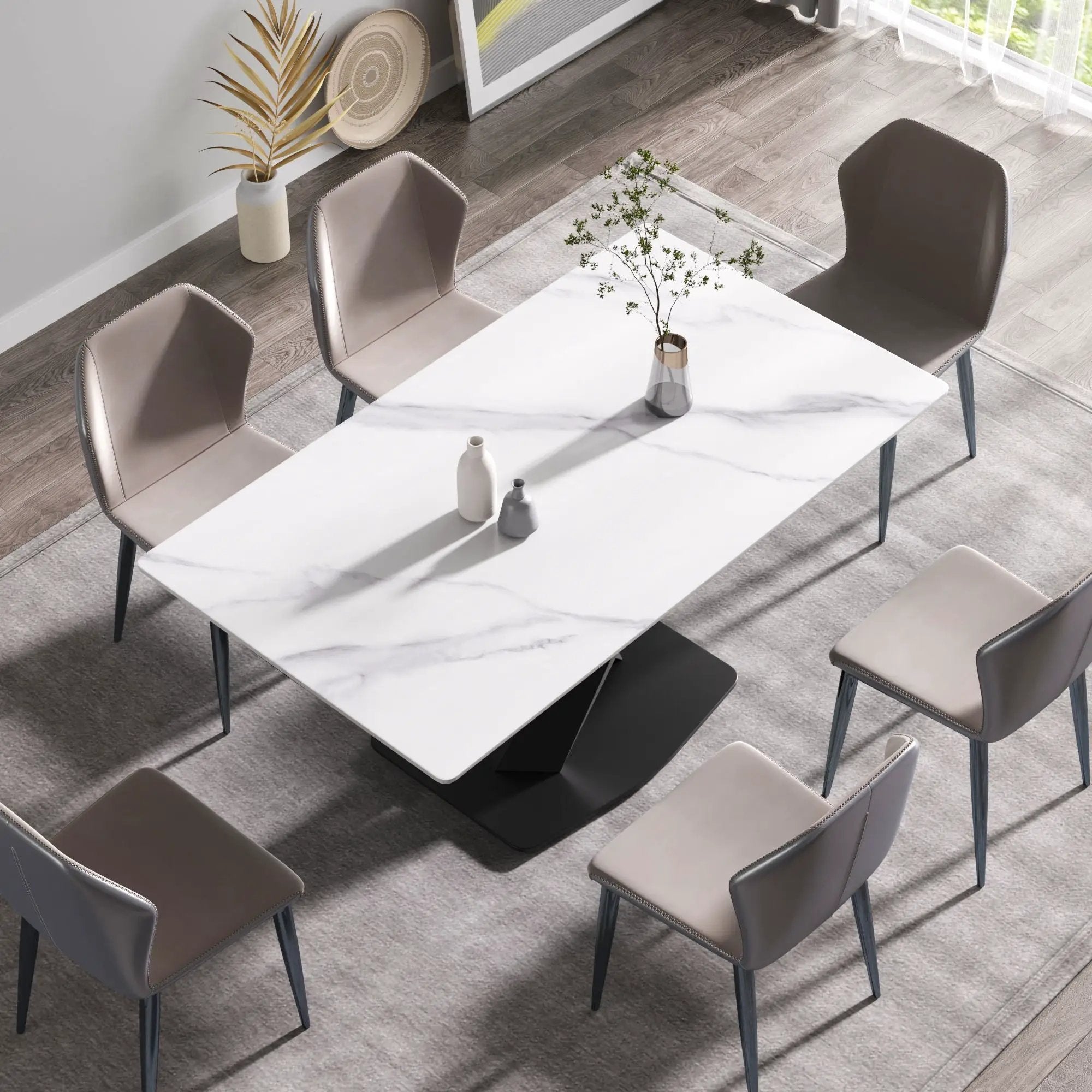 63" Modern Artificial Stone Straight Edge Metal X-Leg Dining Table, 6 People - White / Black by HouseOfZazla