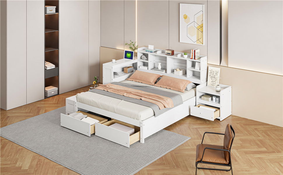 Platform Bed With Multi Functional Storage Space, Nightstand, 2 Drawers, USB Ports And Desk by HouseOfZazla