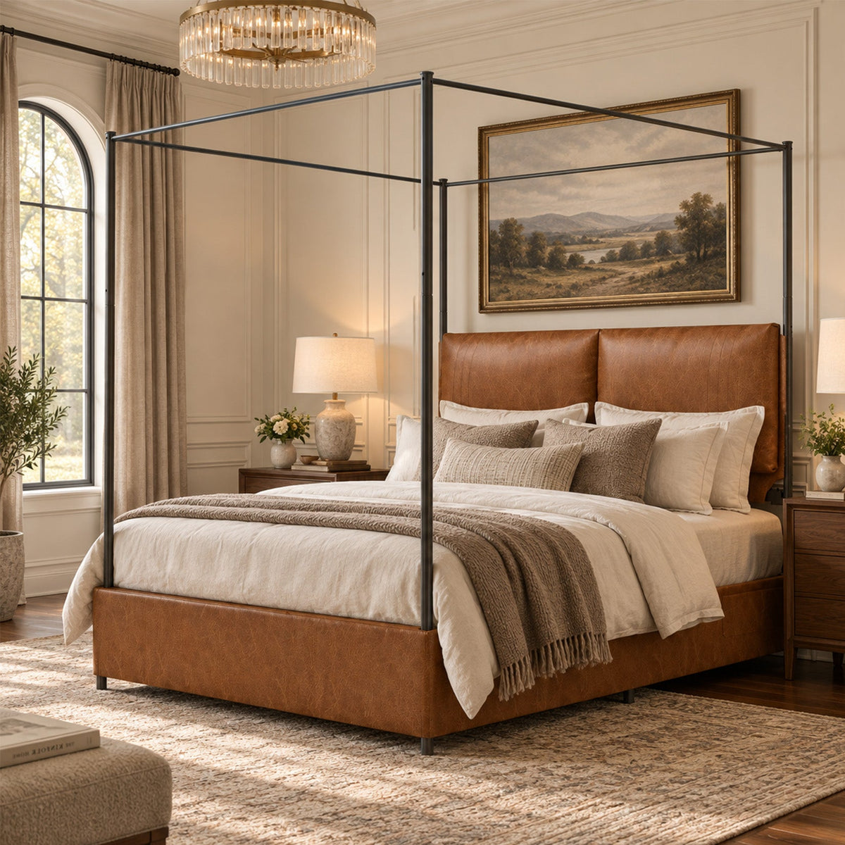 Queen Canopy Bed Frame with Four Poster Metal Design - Rustic Faux Leather, photo 10 of 10