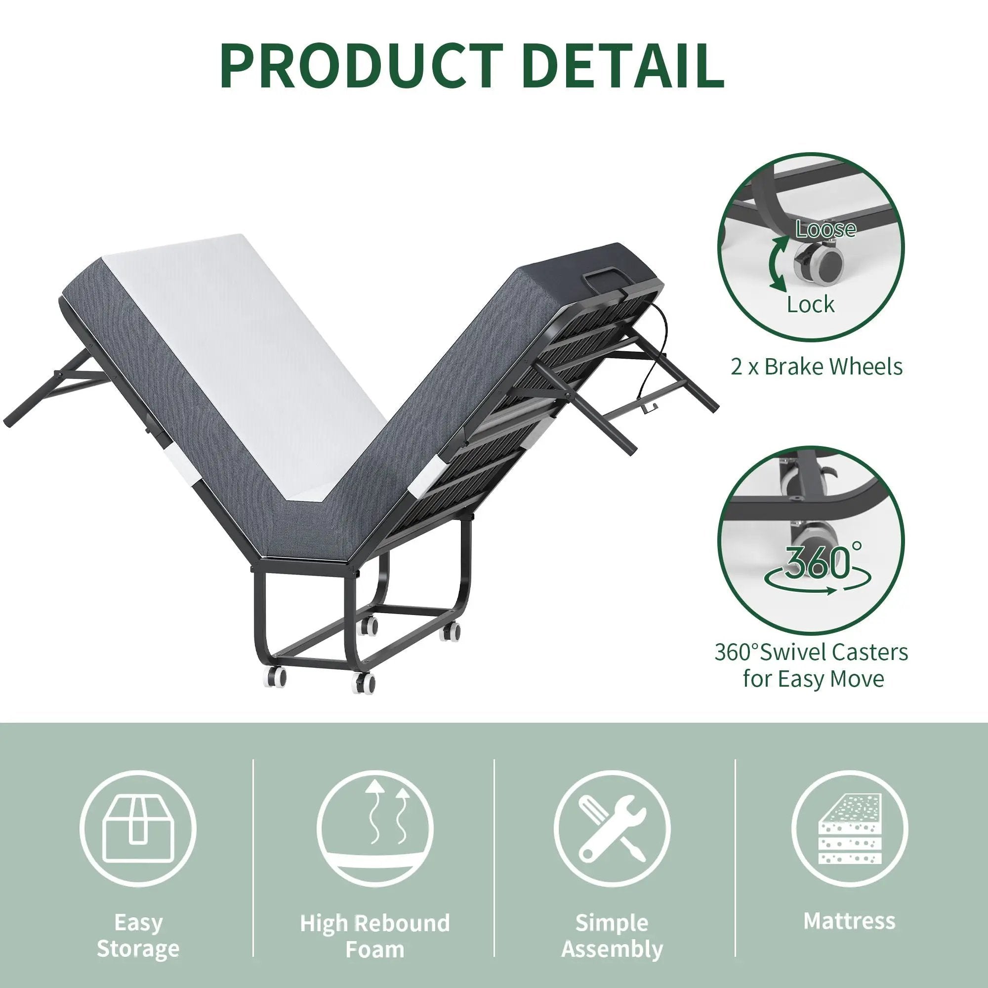 Twin Wide Folding Bed For Tall People, Extra Long & Wide Rollaway With Memory Foam, Heavy-Duty Capacity Guest, Spacious Portable Cot - Black by Unique Piece Furniture