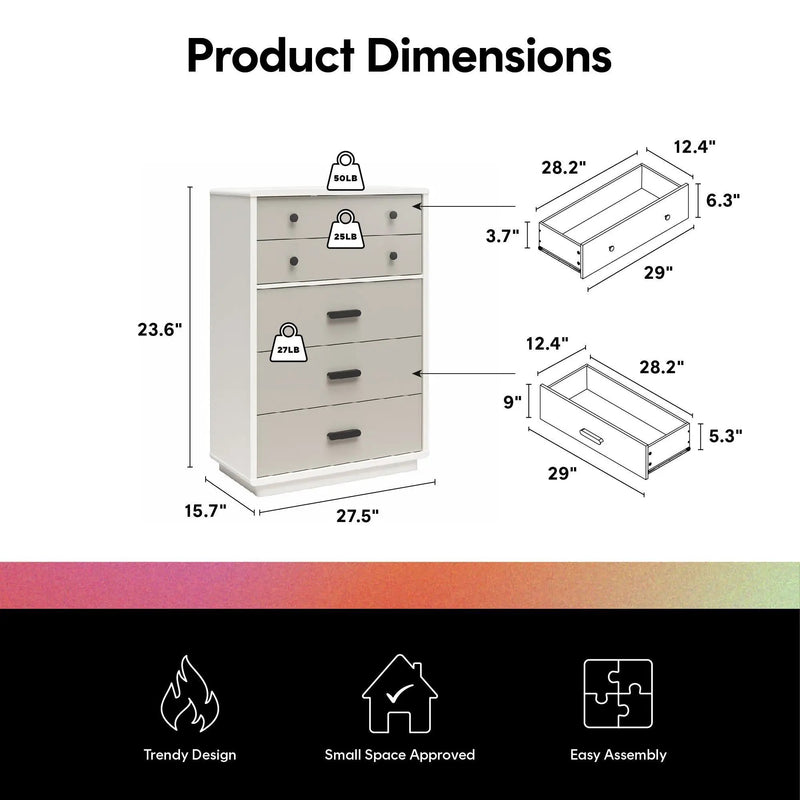 Valencia - 5 Drawer Dresser - White / Gray by HouseOfZazla