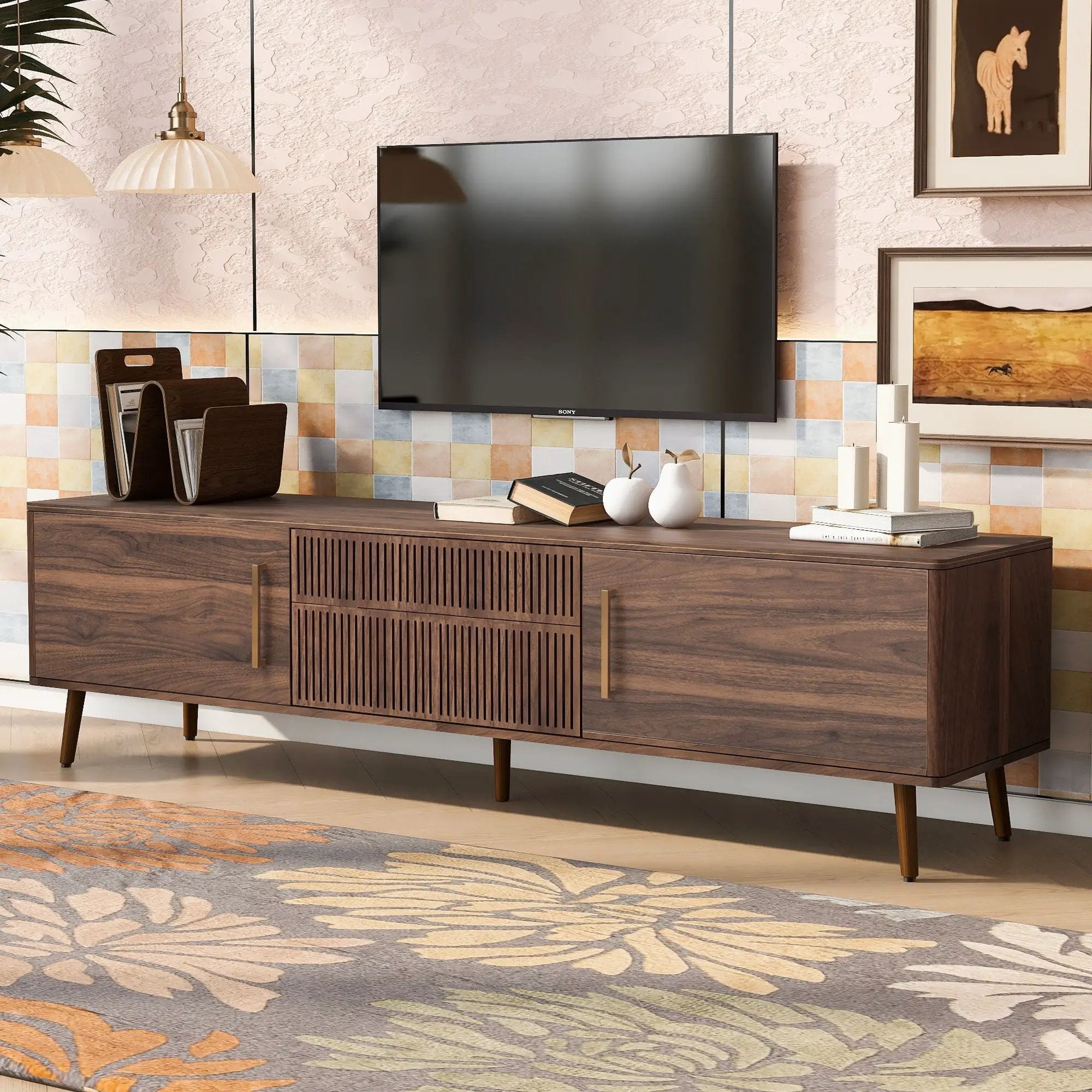 TV Stand With 2 Drawers, Media Console Table For TVs Up To 80'' For Living Room - Walnut by Unique Piece Furniture