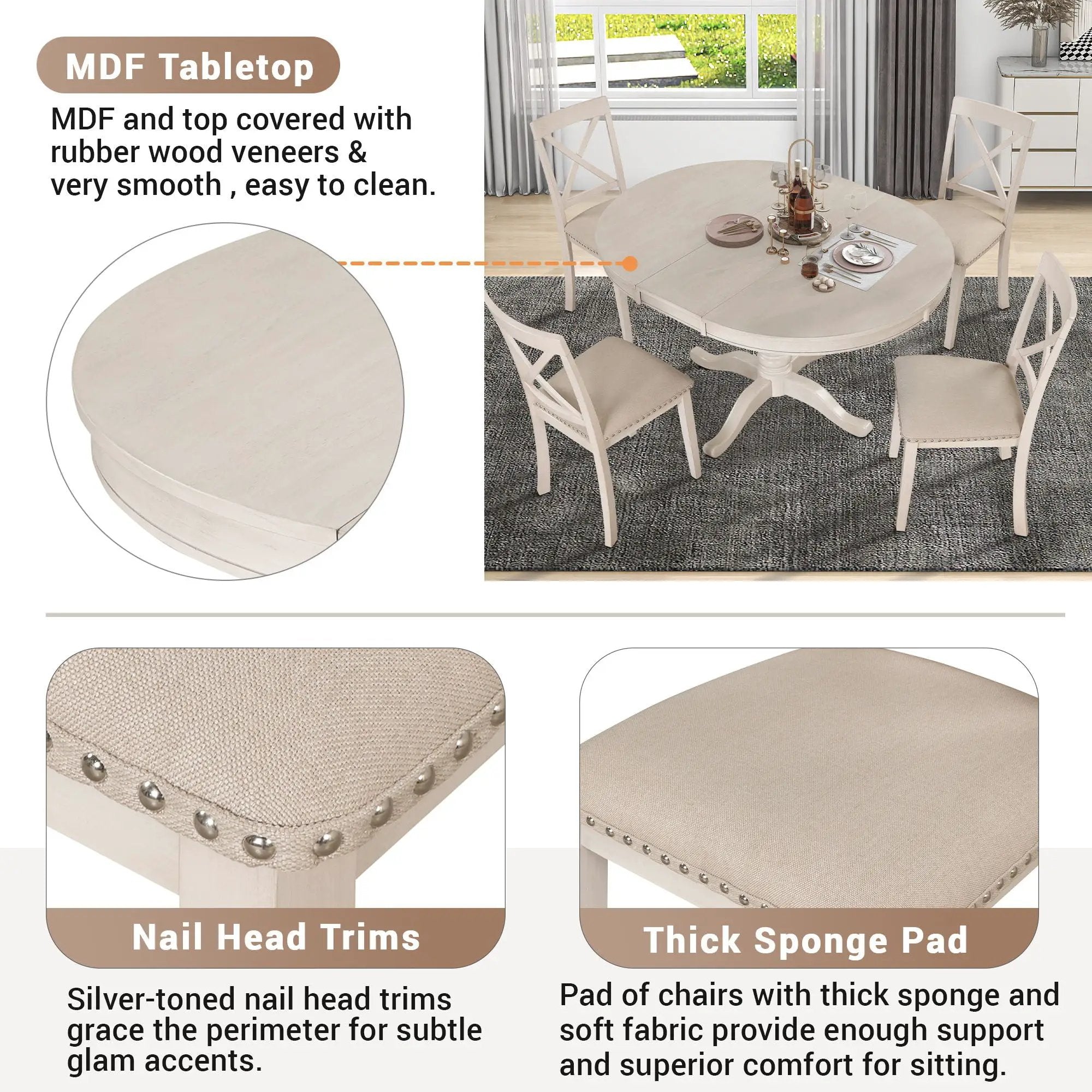 Modern Dining Table Set For 4, Round Table And 4 Kitchen Room Chairs, 5 Piece Kitchen Table Set For Dining Room, Dinette, Breakfast Nook by Unique Piece Furniture
