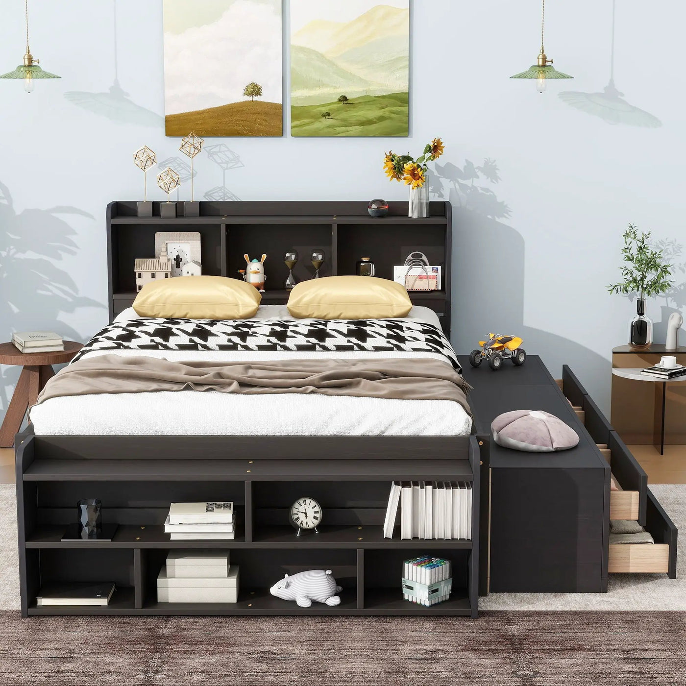 Bed With Bookcase Headboard, Under Bed Storage Drawers And Bed End Storage Case by Unique Piece Furniture
