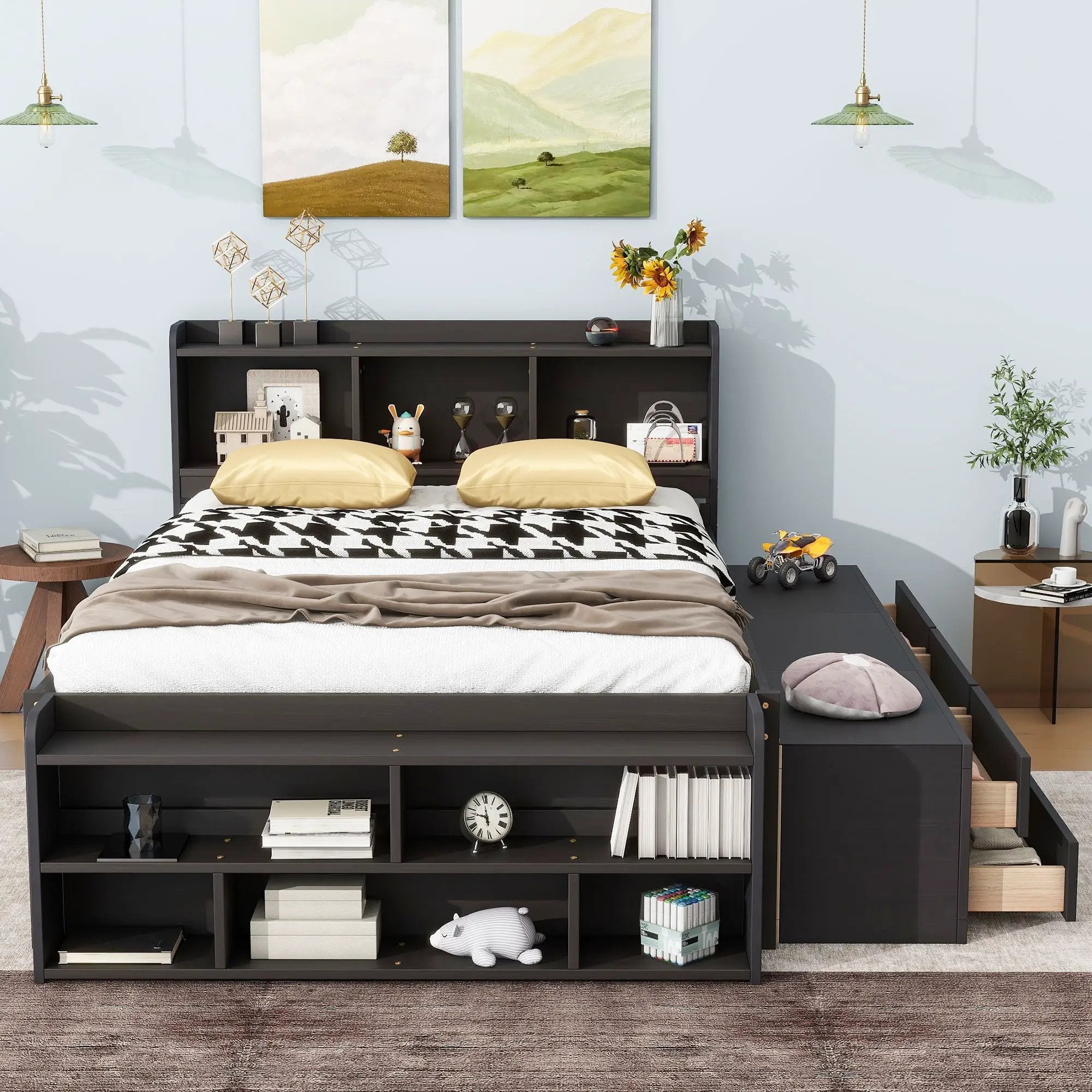 Bed With Bookcase Headboard, Under Bed Storage Drawers And Bed End Storage Case by HouseOfZazla