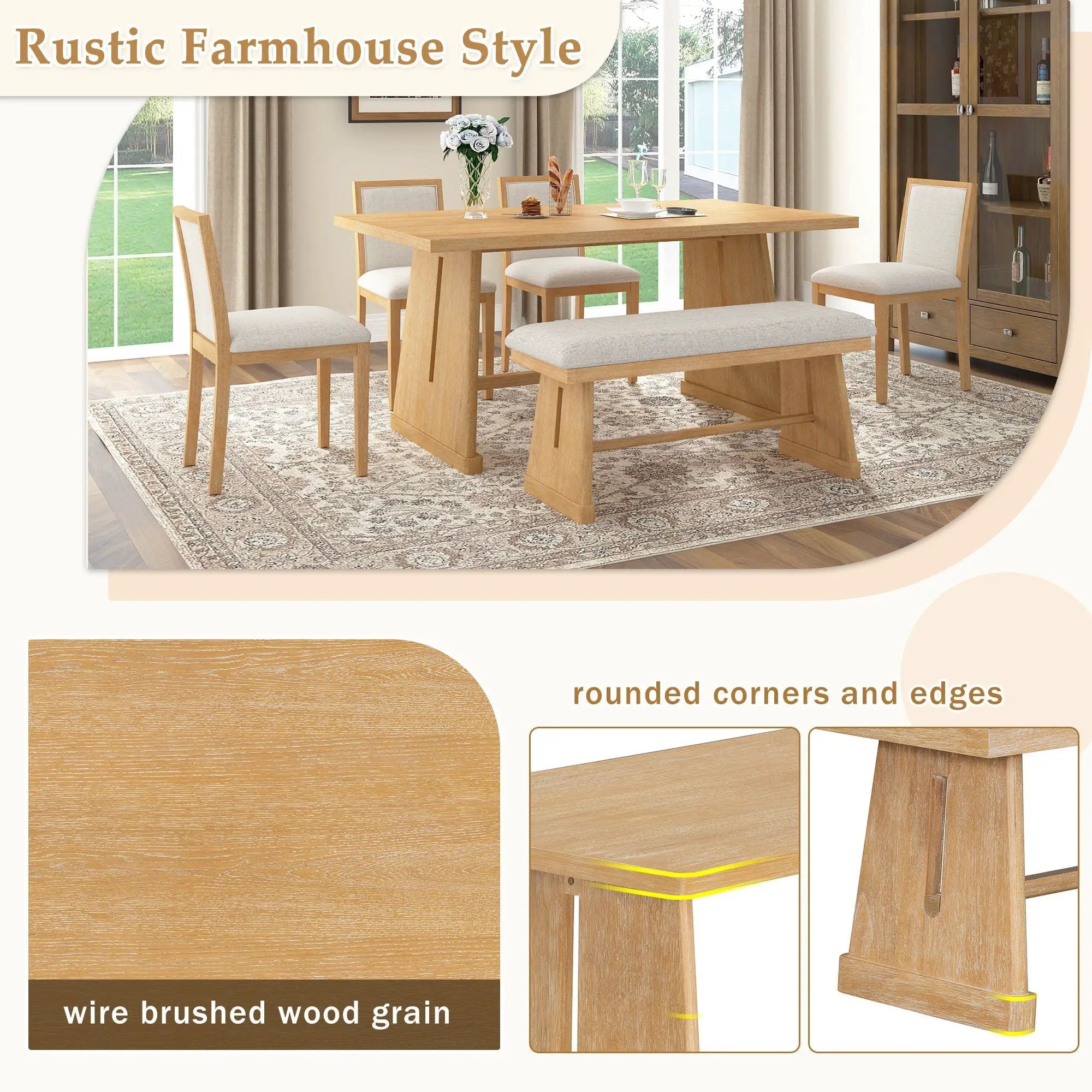 Dining Set With Rectangular Table, 4 Upholstered Chairs & 1 Padded Bench by HouseOfZazla