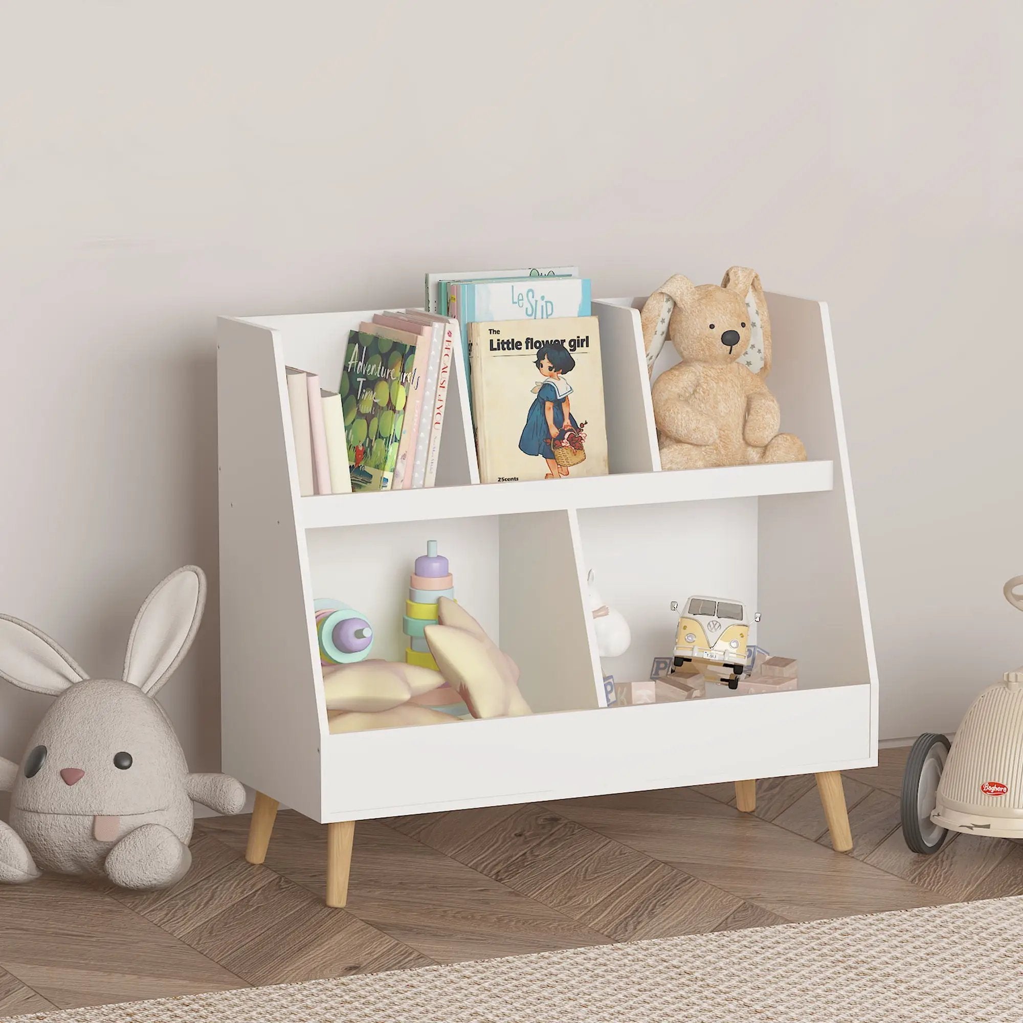 Kids Bookshelf And Toy Organizer, 5 Cubbies Wooden Open Bookcase, 2-Tier Baby Storage Display Organizer With Legs, Free Standing For Playing Room, Bedroom, Nursery, Classroom - White by Unique Piece Furniture