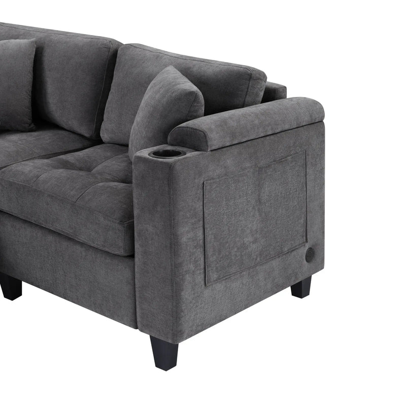 U Shaped Sectional Sofa, Corner Living Room Couch With Built In Cup Holders, Storage, USB Ports by HouseOfZazla