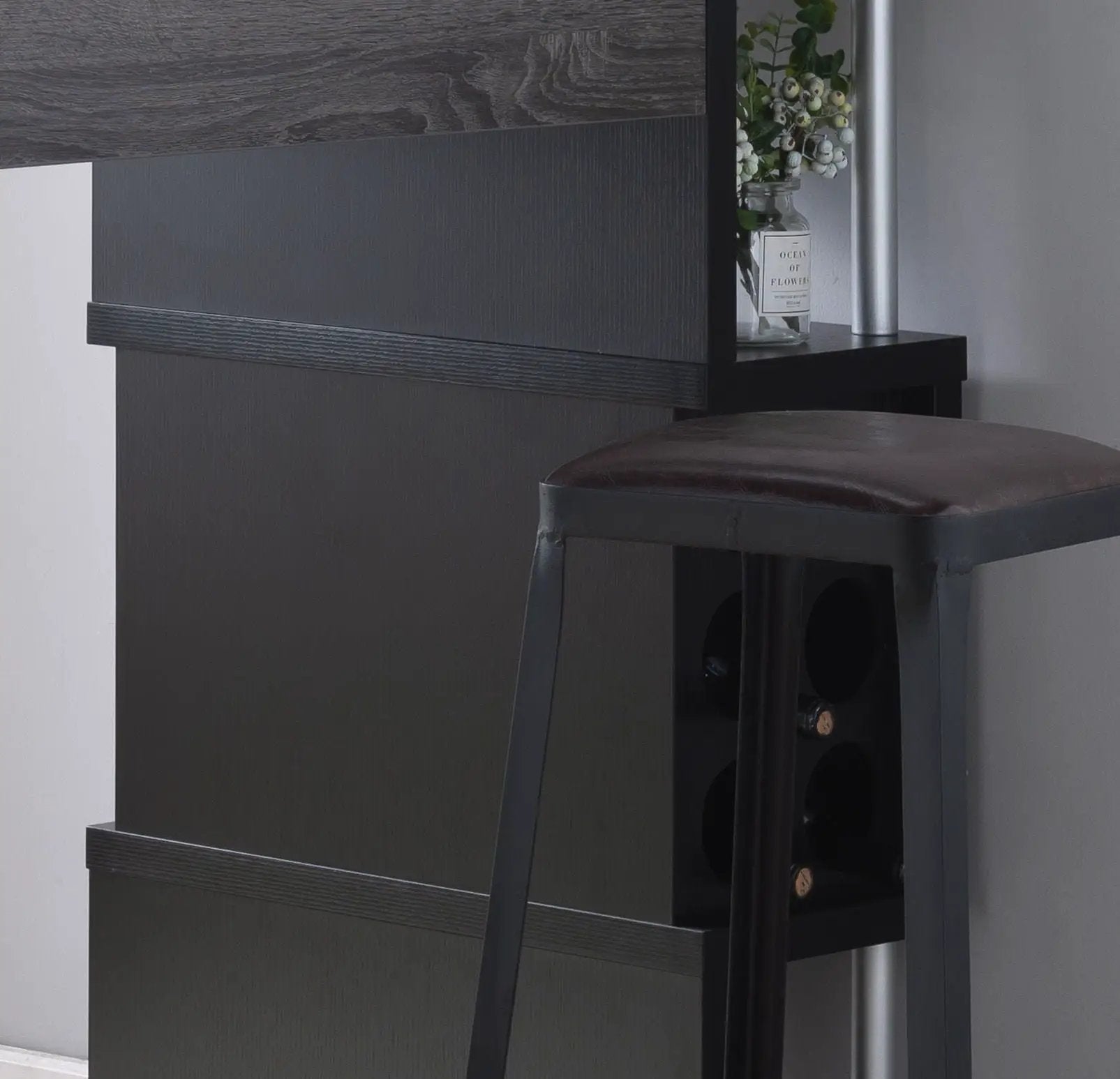 Home Bar Table With Wine Glass Compartment And Three Shelves - Distressed Gray / Black by HouseOfZazla