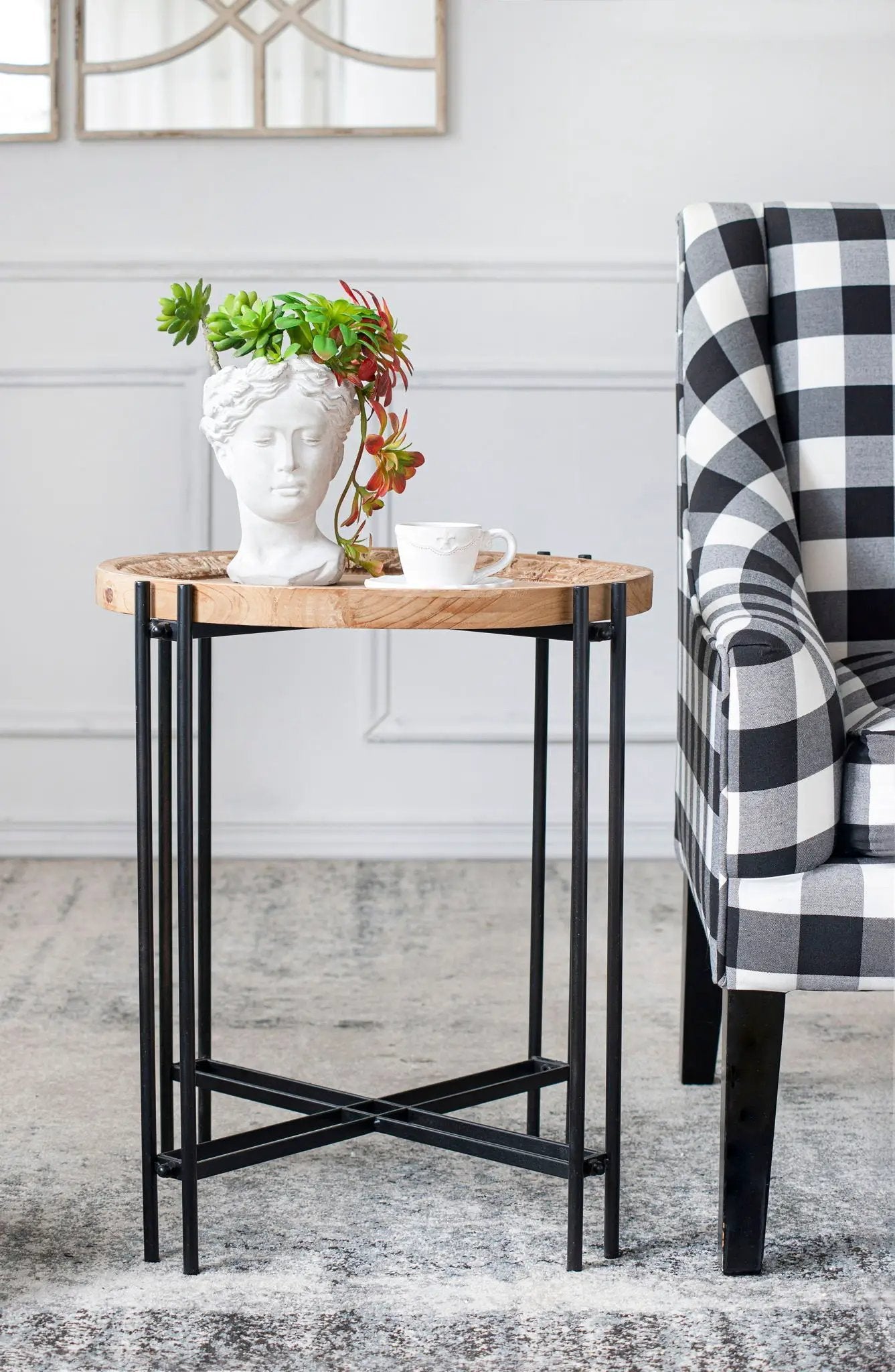 Round Side Table With Wood Top, End Table For Living Room Bedroom - Black Brown by HouseOfZazla