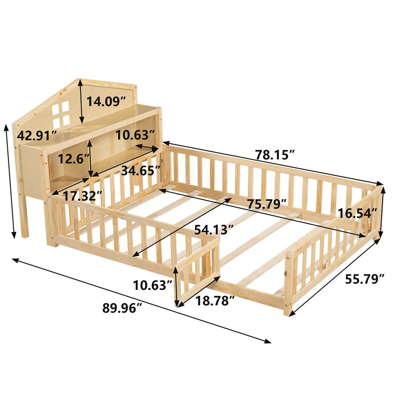 Full Size Montessori Floor Bed With Bookcases And boards, Solid Wood Platform Bed With Guard Rails And Storage Headboards - Natural by Unique Piece Furniture
