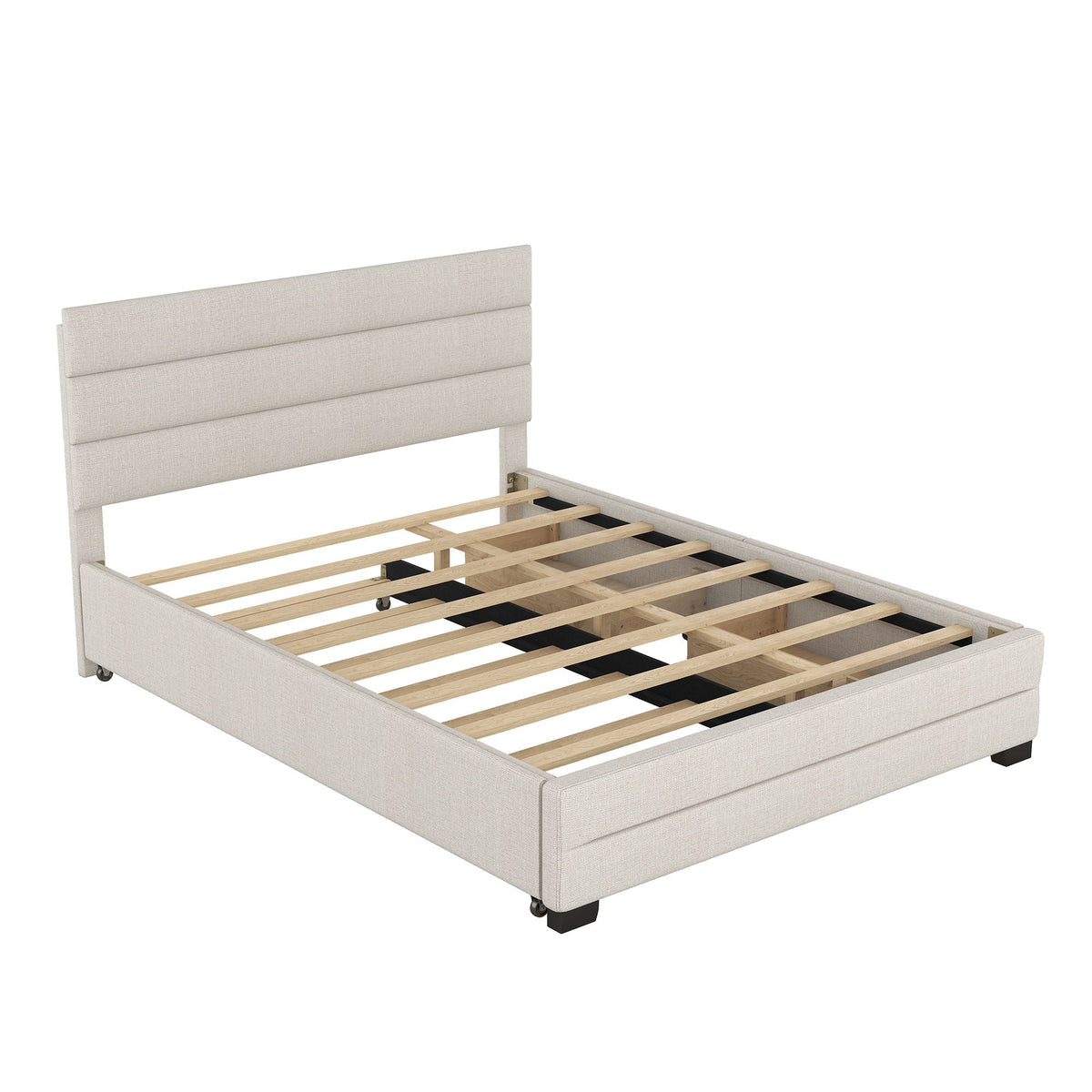 Queen Platform Bed with Twin Trundle and 2 Storage Drawers - Beige, photo 11 of 14
