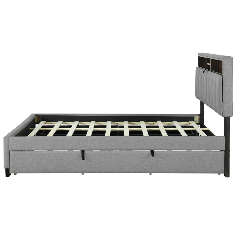 Upholstered Platform Bed With Storage Headboard, Trundle & 2 Drawers And A Set Of Sockets & USB Ports by Unique Piece Furniture