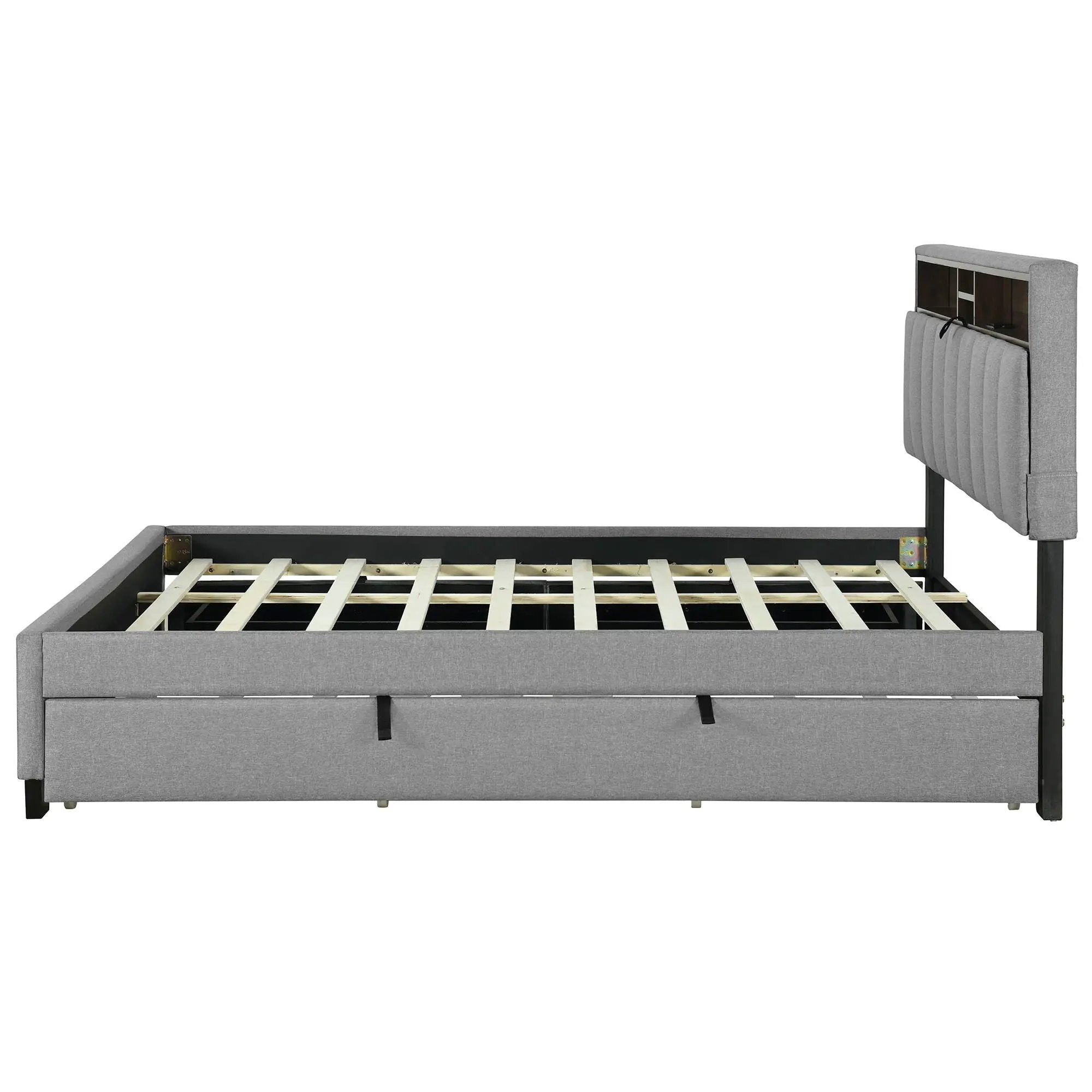 Upholstered Platform Bed With Storage Headboard, Trundle & 2 Drawers And A Set Of Sockets & USB Ports by HouseOfZazla