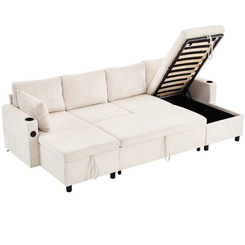 Sectional Sofa Bed With Pull Out Sleeper, USB Ports, Cup Holders by HouseOfZazla