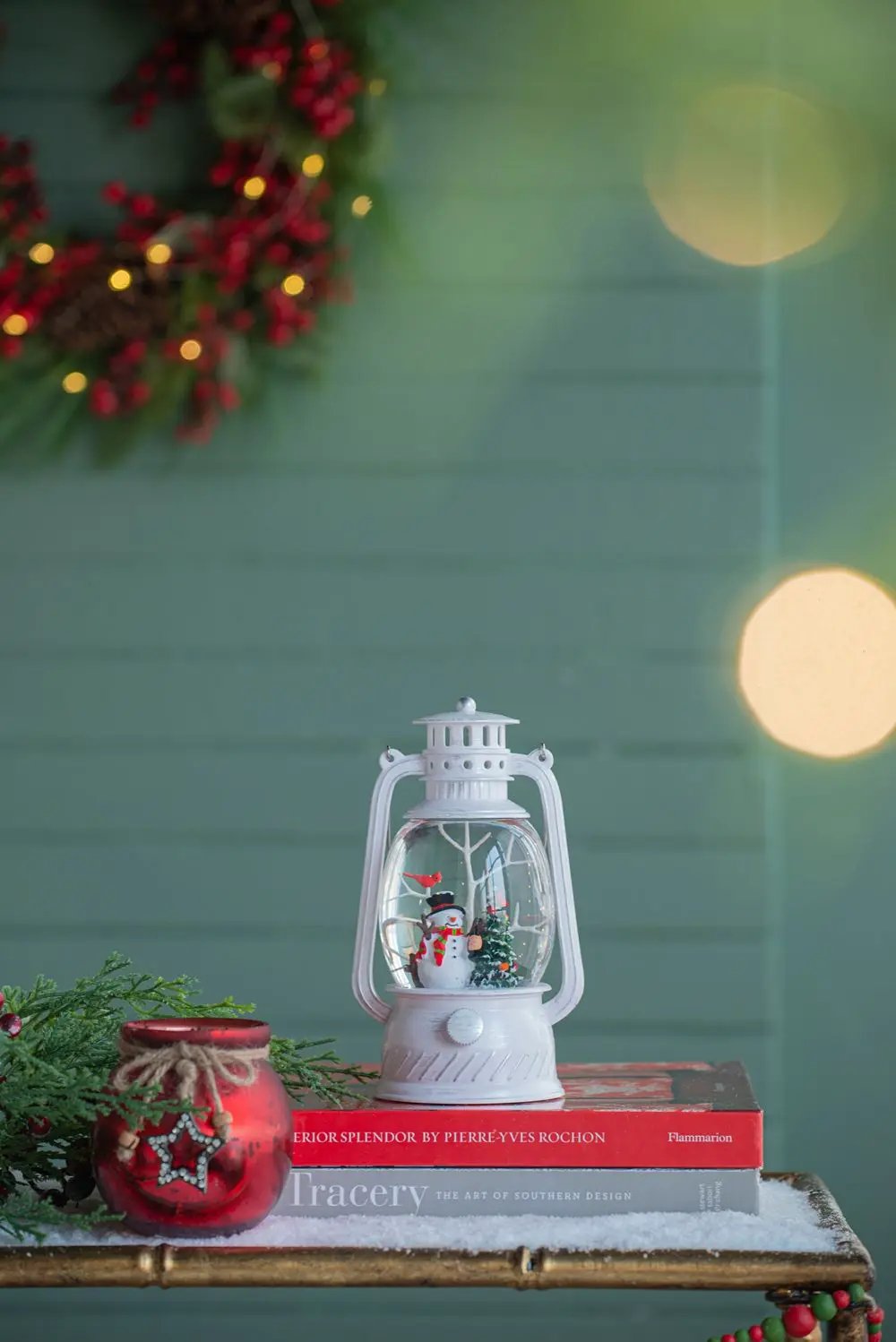 Christmas Plastic / Resin Lantern With Snowman & Tree LED / Water Spinning / 6 Hours Timer, 3*AA Batteries Required - White / Multi by Unique Piece Furniture