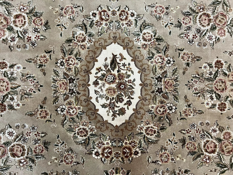 Sino Persian Rug 8x10, Soft Wool, Silk Highlights, Hand Knotted Vintage Carpet, Taupe & Ivory, Floral, Traditional Rug 8 x 10 by Jewel Rugs