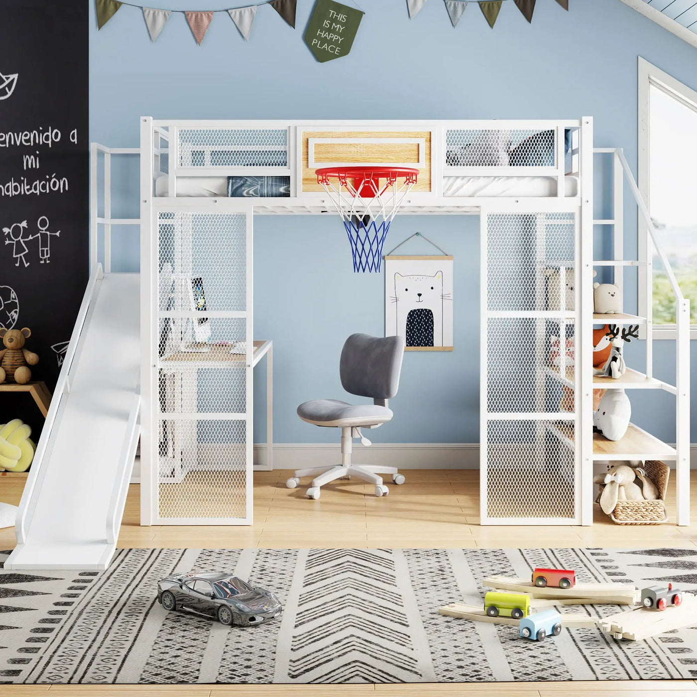 Loft Bed With Built In Desk, Open Wardrobe, Basketball Hoop, Slide And Staircase by HouseOfZazla