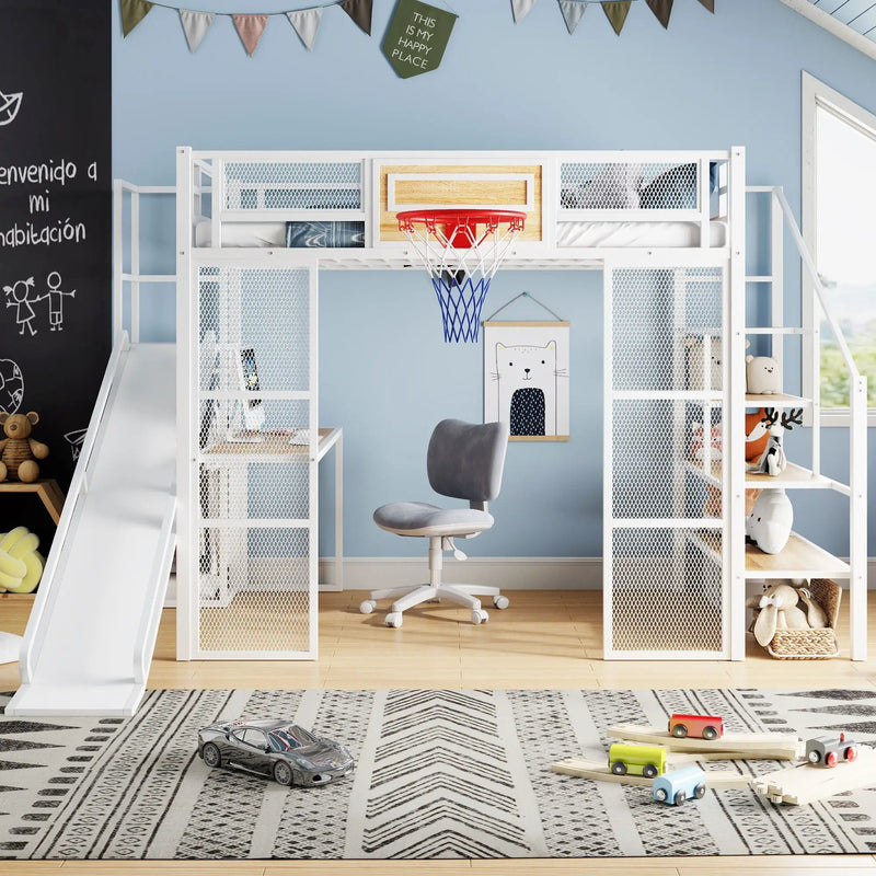 Loft Bed With Built In Desk, Open Wardrobe, Basketball Hoop, Slide And Staircase by HouseOfZazla