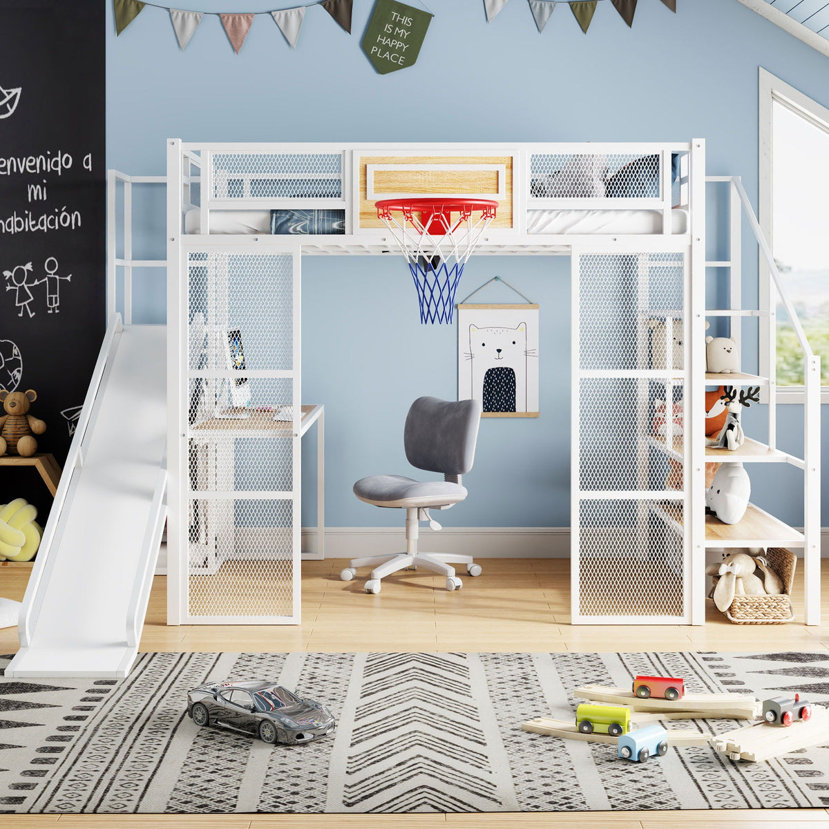 Full Loft Bed with Built-In Desk, Slide & Storage - Black or White, photo 19 of 24