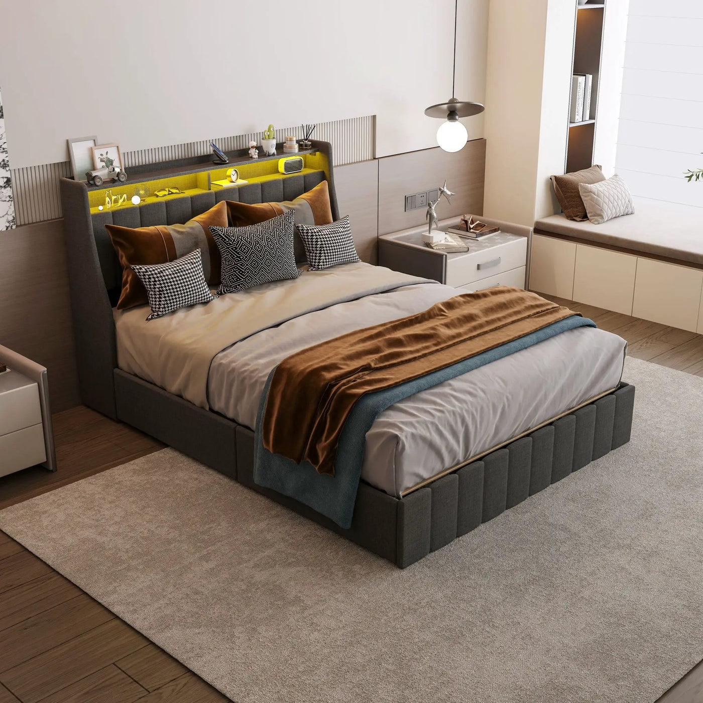 Bed With LED Lights, 4 Drawers, Winged Headboard Upholstered by Unique Piece Furniture