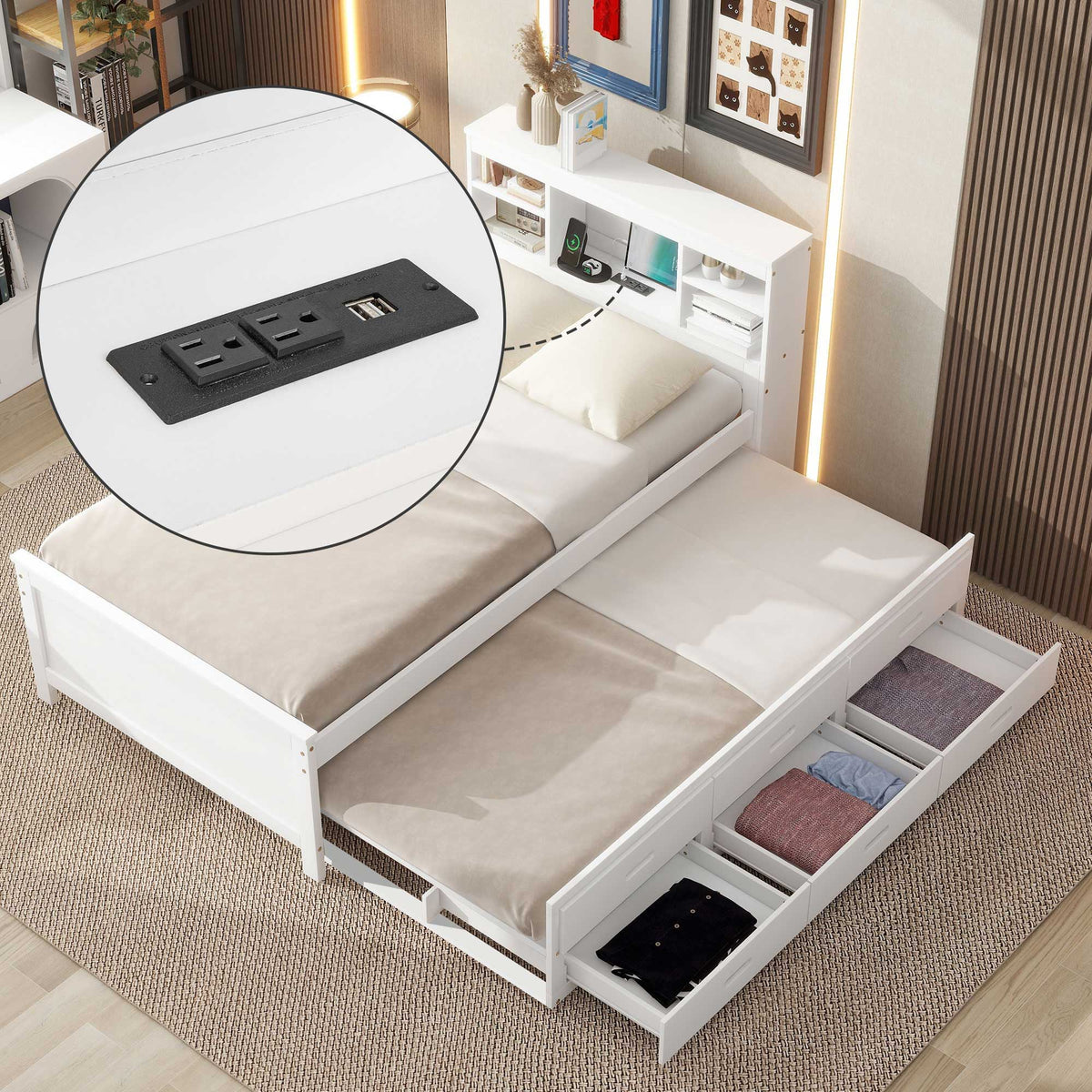 Platform Bed With Storage Headboard, USB, Trundle And 3 Drawers, photo 23 of 28