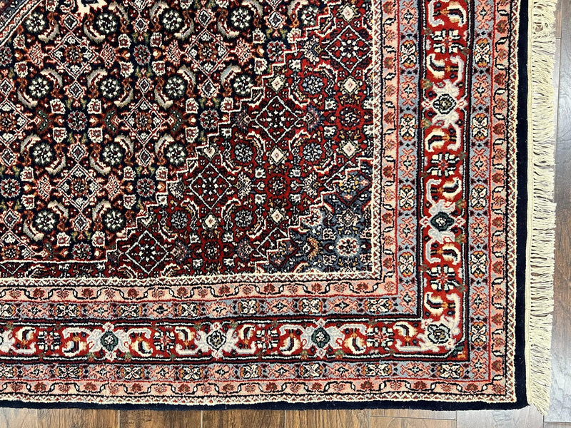 Indo Persian Rug 7x10, Dark Blue and Red Hand Knotted Wool Vintage Oriental Carpet 7 x 10 ft, Handmade Bidjar Rug, Herati Pattern Indian Rug by Jewel Rugs